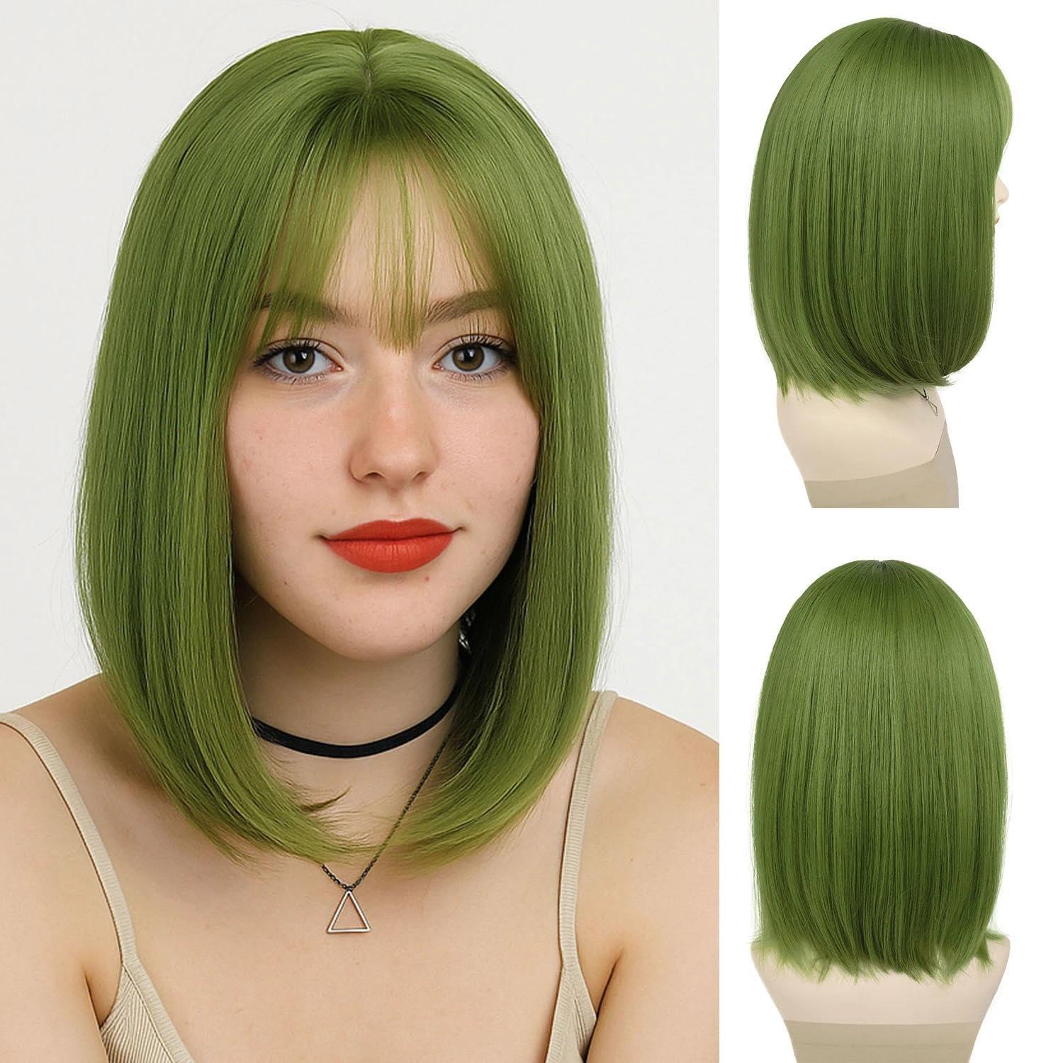GNIMEGIL GNIMEGIL 16 inches Green Wig Cosplay with Bangs Trendy Short Straight Hair Costume Wig for Women Halloween Carnival Party Wig Heat Resistant Synthetic Fiber