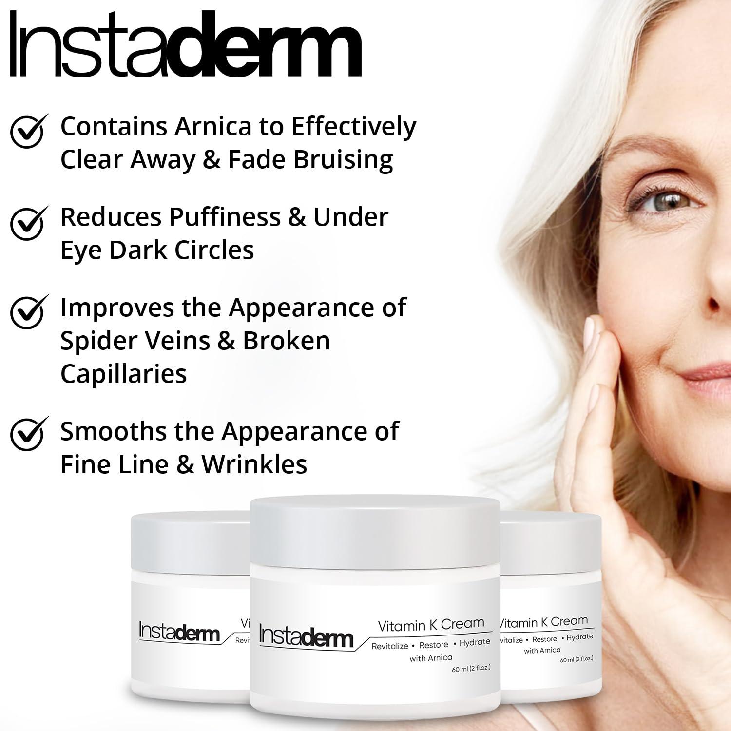 Instaderm Instaderm Vitamin K Cream- Bruise Healing Formula with Arnica. Dark Spot Moisturizer for Bruising, Spider Veins & Broken Capillaries. Repair Under Eye Dark Circles, & Puffiness.