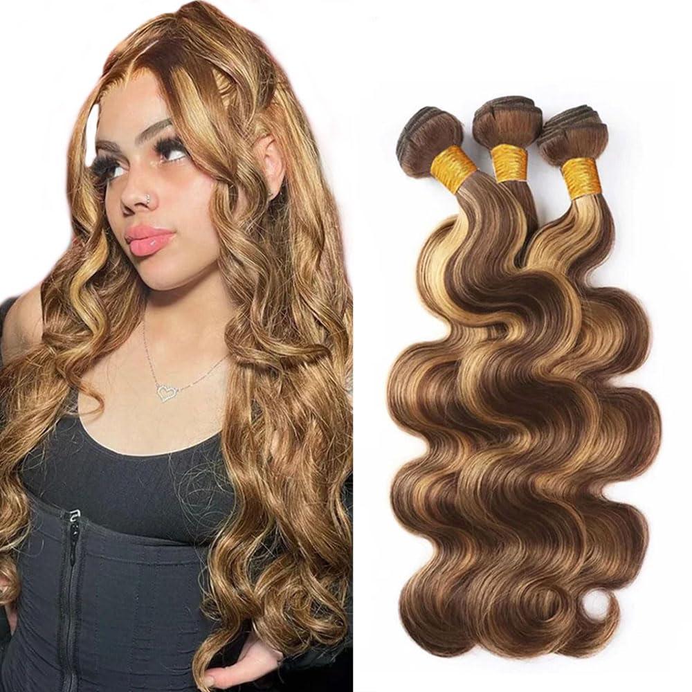 ZevPiul Honey Blonde Bundles Highlight Human Hair Bundles 22 22 22 Inch Ombre Blonde Body Wave 3 Bundles Brazilian Virgin Human Hair Bundles Two Tone Brown and Honey Blonde Bundles