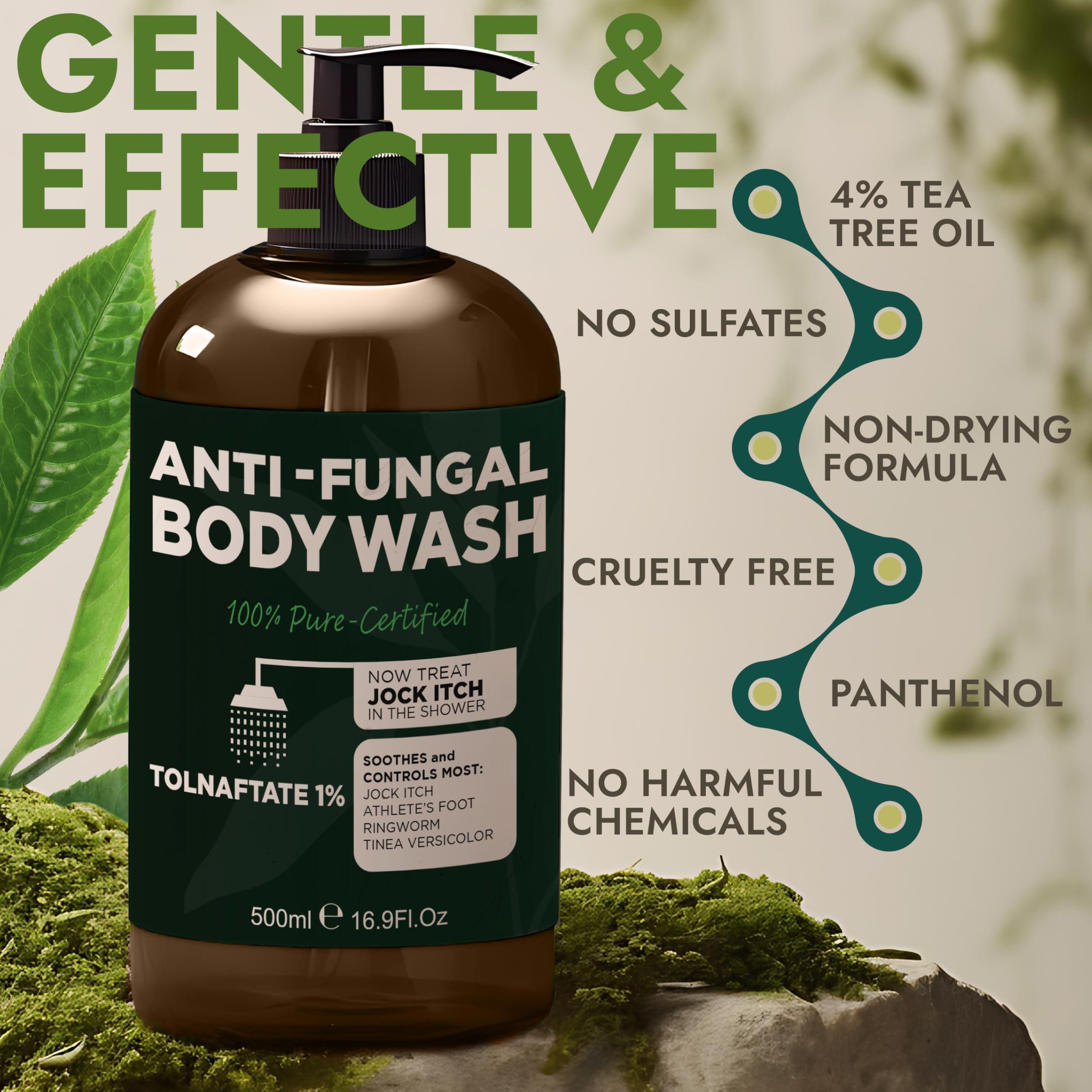 Terramed Just Think Comfort Antifungal Body Wash with Tea Tree Oil | Antibacterial Soap for Back Acne,Treats Ringworm, Eczema & Jock Itch | Antibacterial Body Soap For Men And Women | Includes Silicon Body Scrubber (16.9 oz)