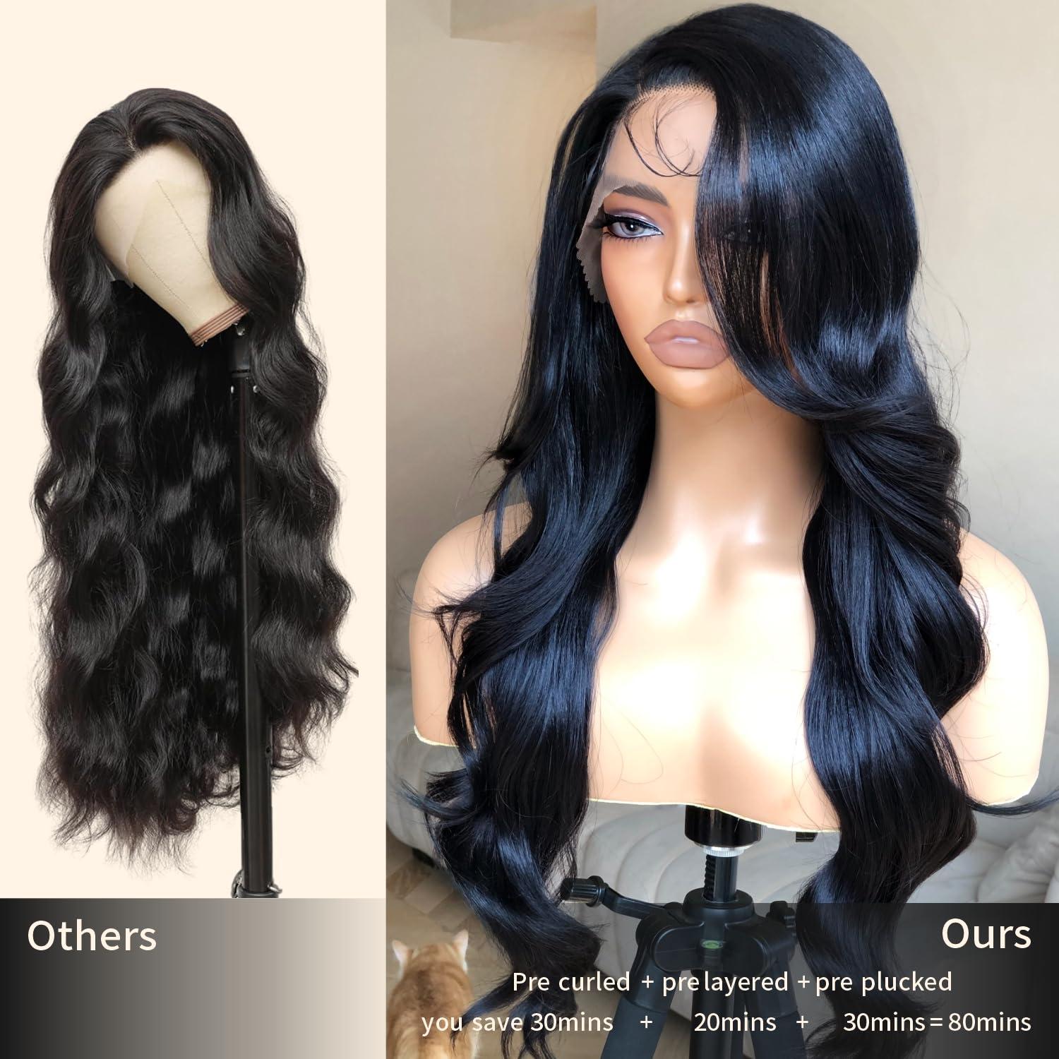 BrownBomb BrownBomb Bombshell Body Wave Wig, Synthetic Lace Front Wig Pre Plucked Glueless Ready to Wear, 13X5X1 Side Part HD Lace Wigs for Women 24inch, 1B Jet Black Wig Human Hair Luster