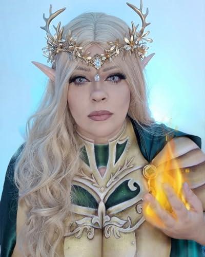 MOSTORY MOSTORY Gold Fairy Antler Crown - Woodland Flower Deer Horns Headpiece Elf Forest Ciecle for Women Renaissance Cosplay Ren Faire Outfit Hallween Costume