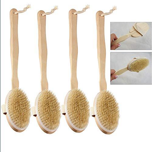 AllTopBargains 4 Shower Brush with Soft Bristles Bath Long Handle Back Scrubber Body Exfoliator Bath Body Wood Back Brush Dry Brushing Skin Shower Exfoliate Get Rid Cellulite