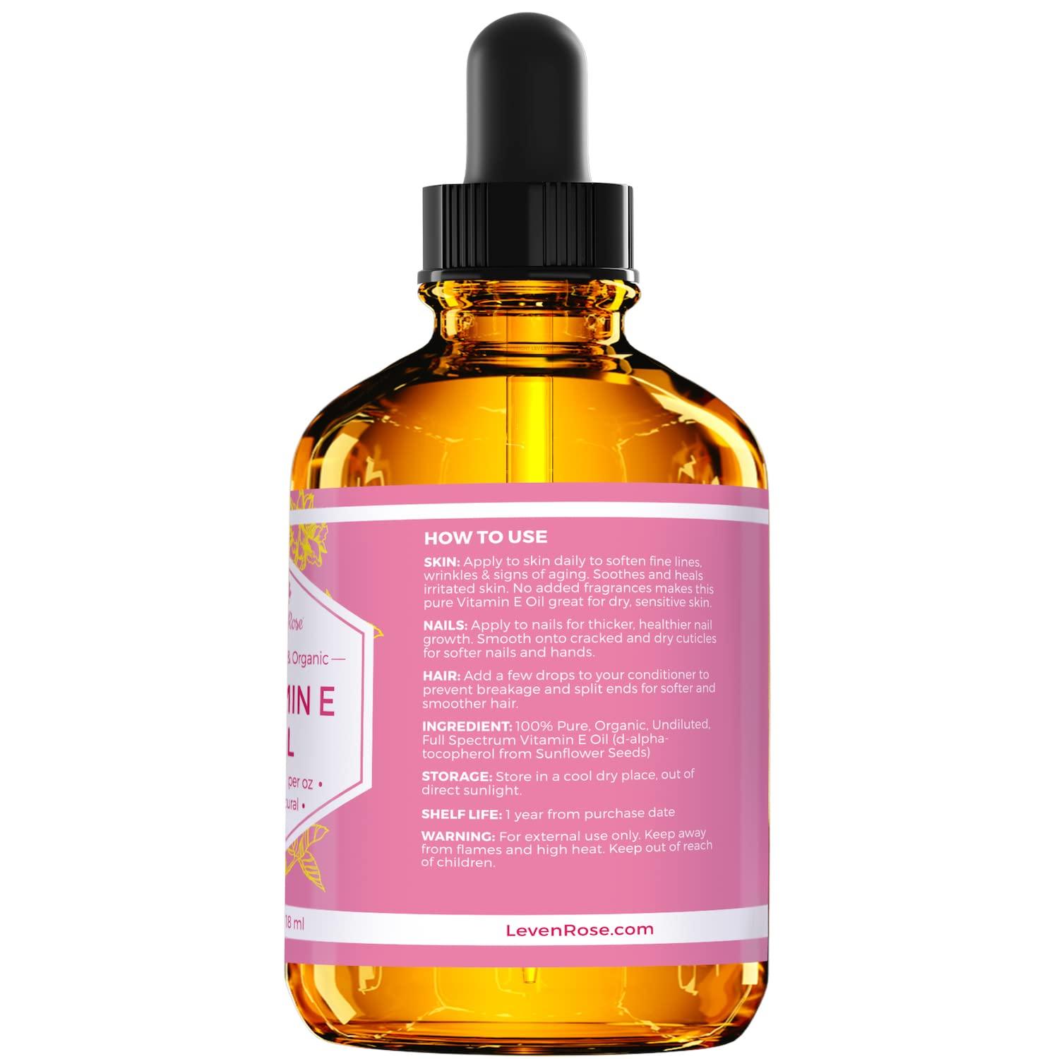 Leven Rose Vitamin E Oil by Leven Rose 75,000 IU per oz 100% Natural, Organic, Pure Vitamin E Oil for Skin, Face, Hair, Nails, and Scars, 4 oz