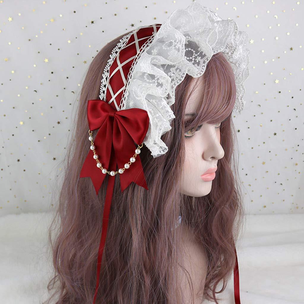 SANGHAI SANGHAI Women Bandana Lolita Ruffled Lace Headband Crisscross Ribbon Bow Pearls Chain Maid Hair Band Light Blue