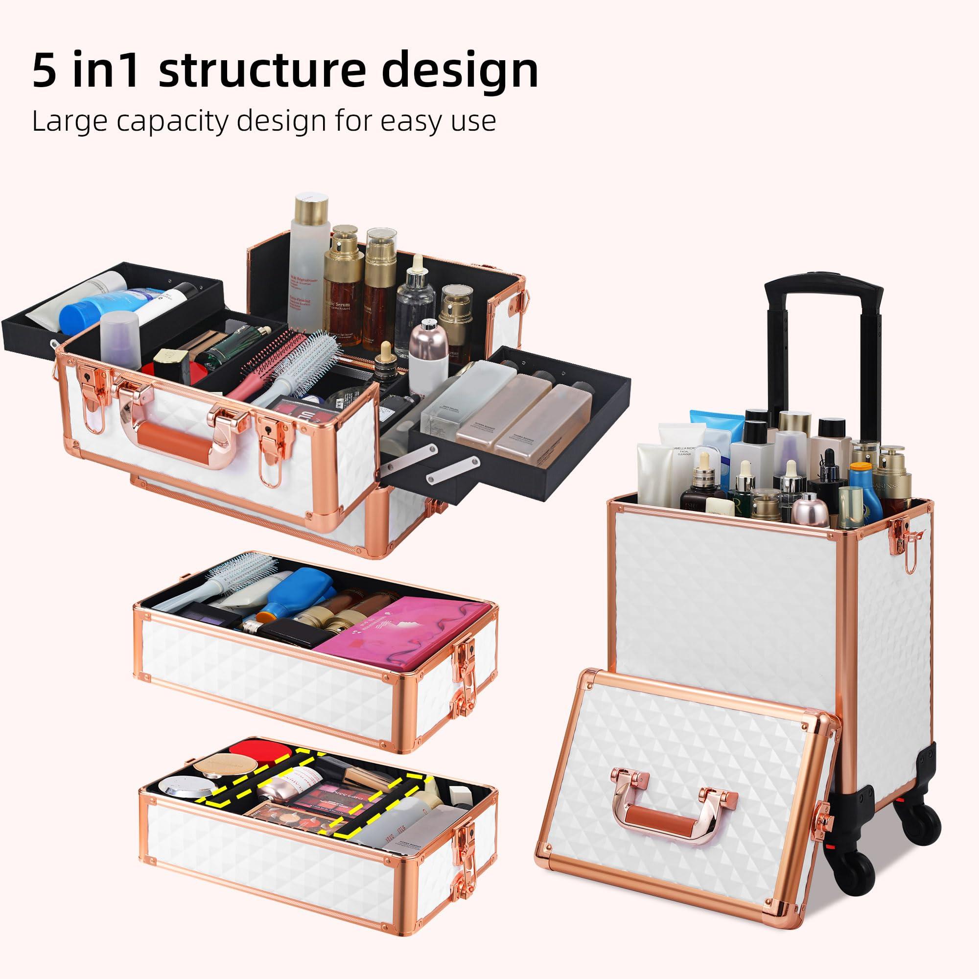Somduy Somduy Rolling Makeup Case, Makeup Train Case with Lid, 5 in 1 Cosmetology Case on Wheels, Christmas Gift, Large Makeup Case Organizers, Profesional Cosmetic Case for Salon Barber, White Gold
