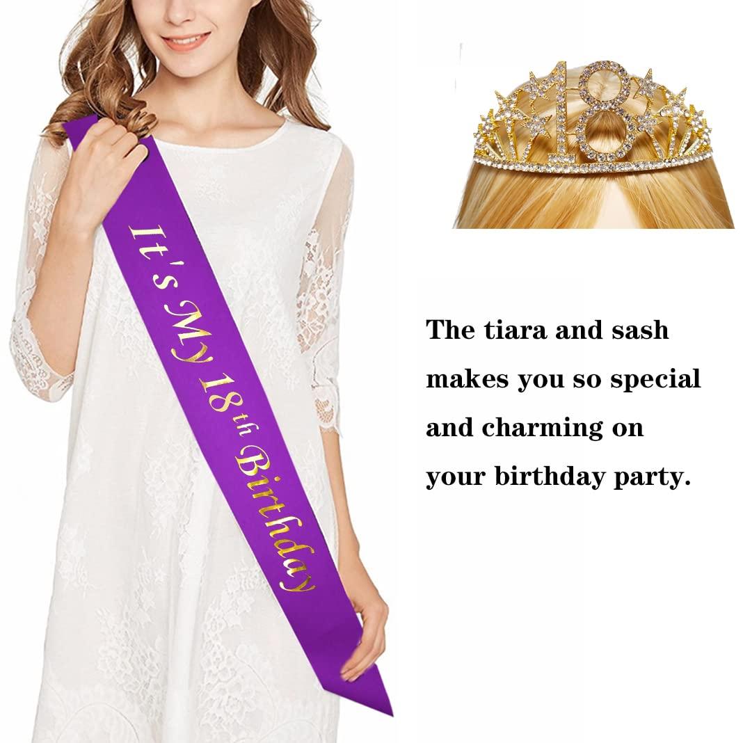 Mayin Happy 18th Birthday Tiara and Sash Gifts Crystal Rhinestone Princess Crown Birthday Girl Party Favor Supplies Gold Crowns Purple Sash