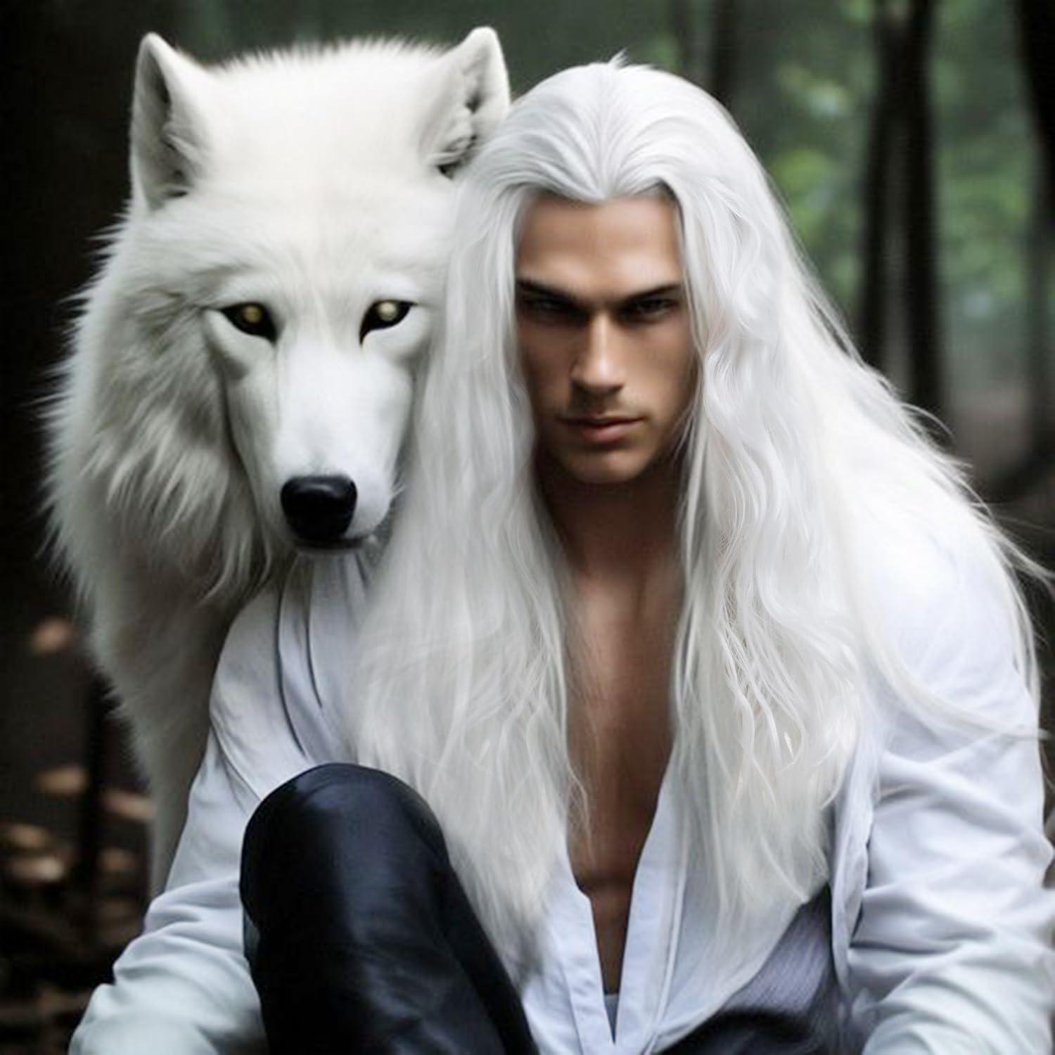 Sallcks Sallcks Mens White Wig Long Curly Wavy Wig for Men Middle Part Synthetic Heat Resistant Hair Wigs for Daily Party Costume Halloween