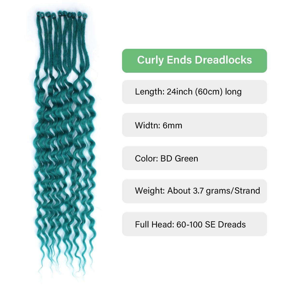 lounoke Lounoke 24 In 30 Strands Curly Dreadlock Extensions, Castleton Green Synthetic Single Ended Dreads Extensions, 100% Handmade Dreads Hippie Style Dreadlocks for Woman