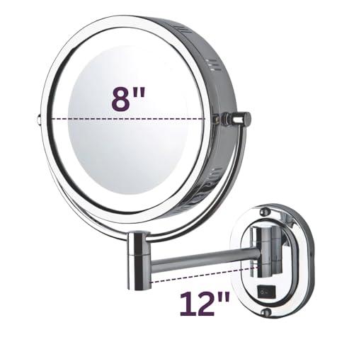 Jerdon Jerdon Two-Sided Lighted Wall-Mounted Makeup Mirror - Makeup Mirror with 5X Magnification & Wall-Mount Arm - 8-Inch Diameter Mirror with Chrome Finish Wall Mount - Model HL165CLD
