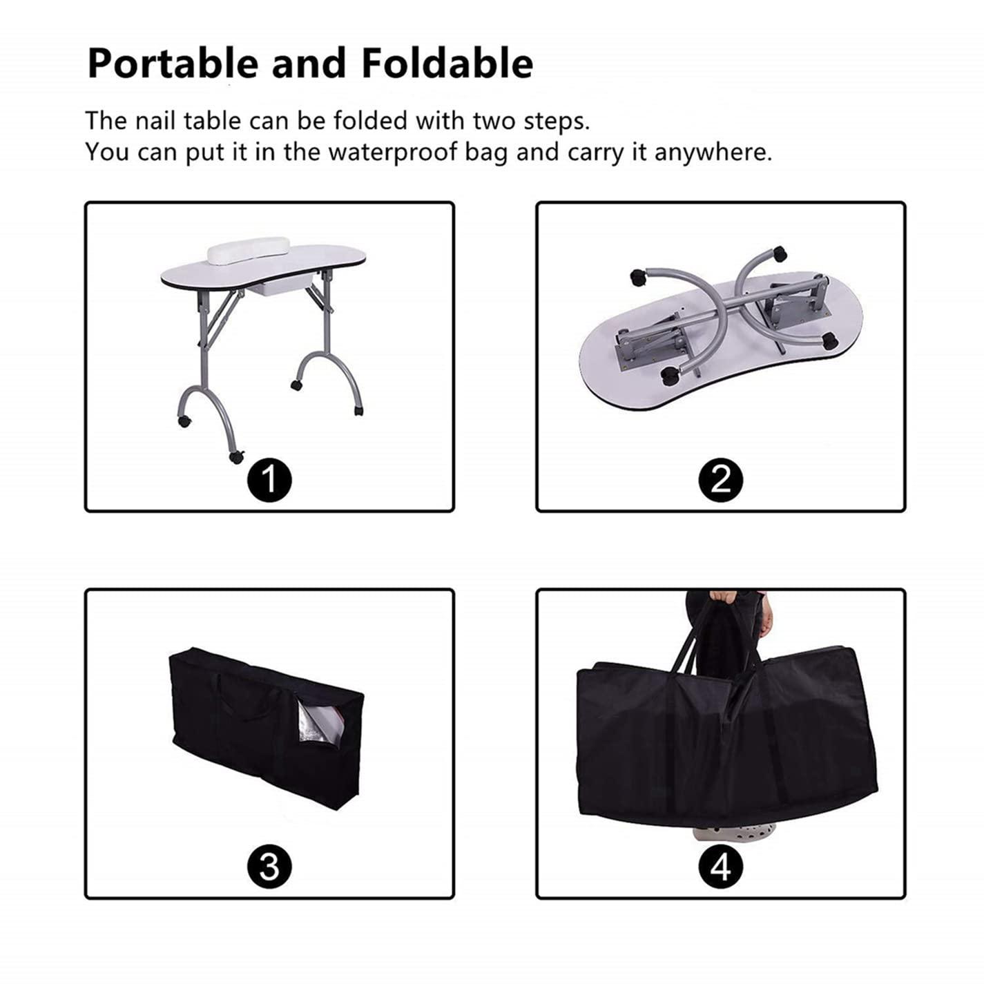 beautystyle Portable Nail Table Folding Manicure Table Nail Tech Desk with Rolling Wheels, Large Storage Drawer