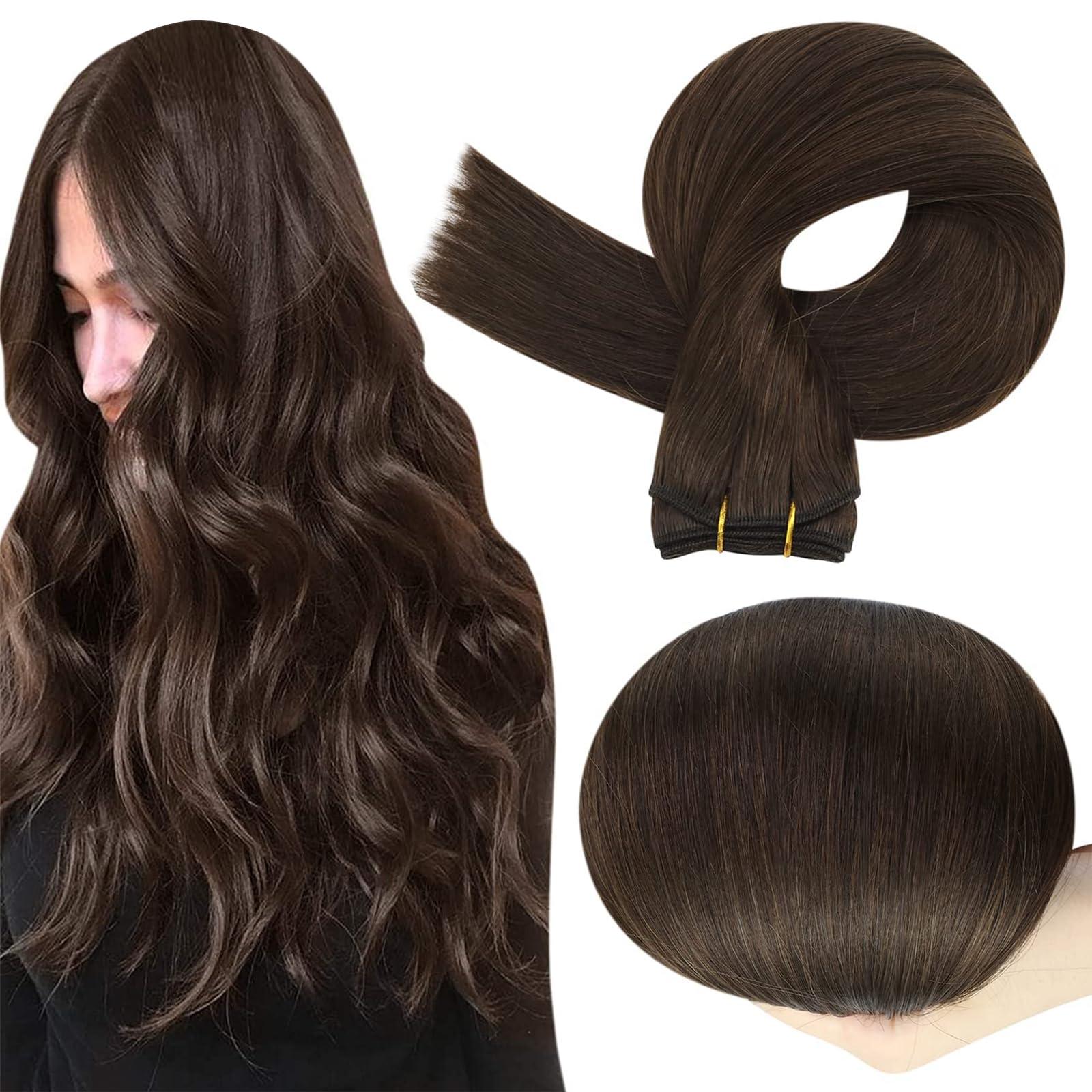Full Shine Full Shine Weft Hair Extensions Human Hair Color Dark Brown Hair Extensions Remy Straight Hair Weft Extensions Sew In Human Hair For Women Invisible Hair Weft For Women 50G 10 Inch