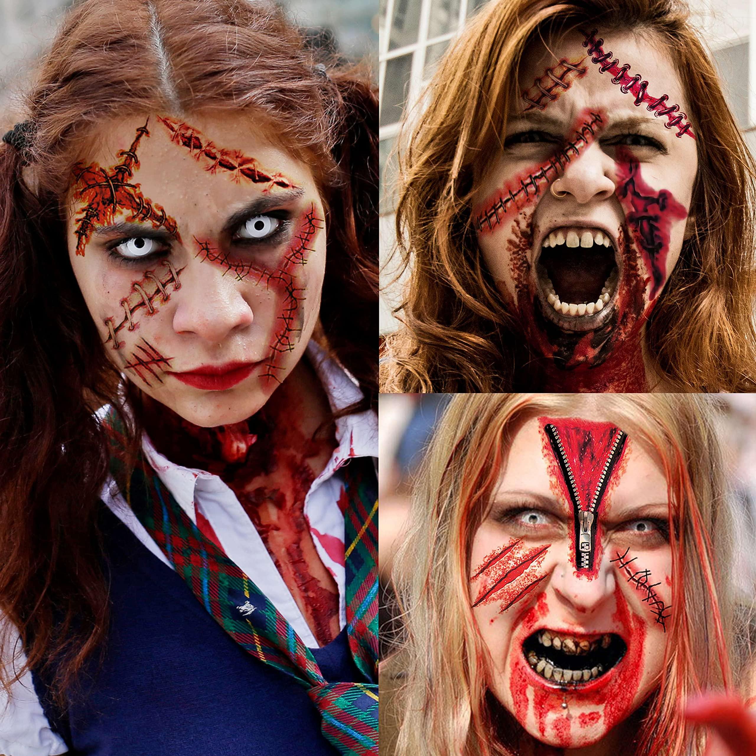 JOEHAPY JOEHAPY 435+ PCS 50 Sheets Halloween Fake Scar Tattoos Sticker, 3D Chucky Stitches Tattoo For Women Men Adult Kids Boys Girls, Fake Blood Wound Cut Zombie Tattoos Halloween Face Makeup Kit Set Decals