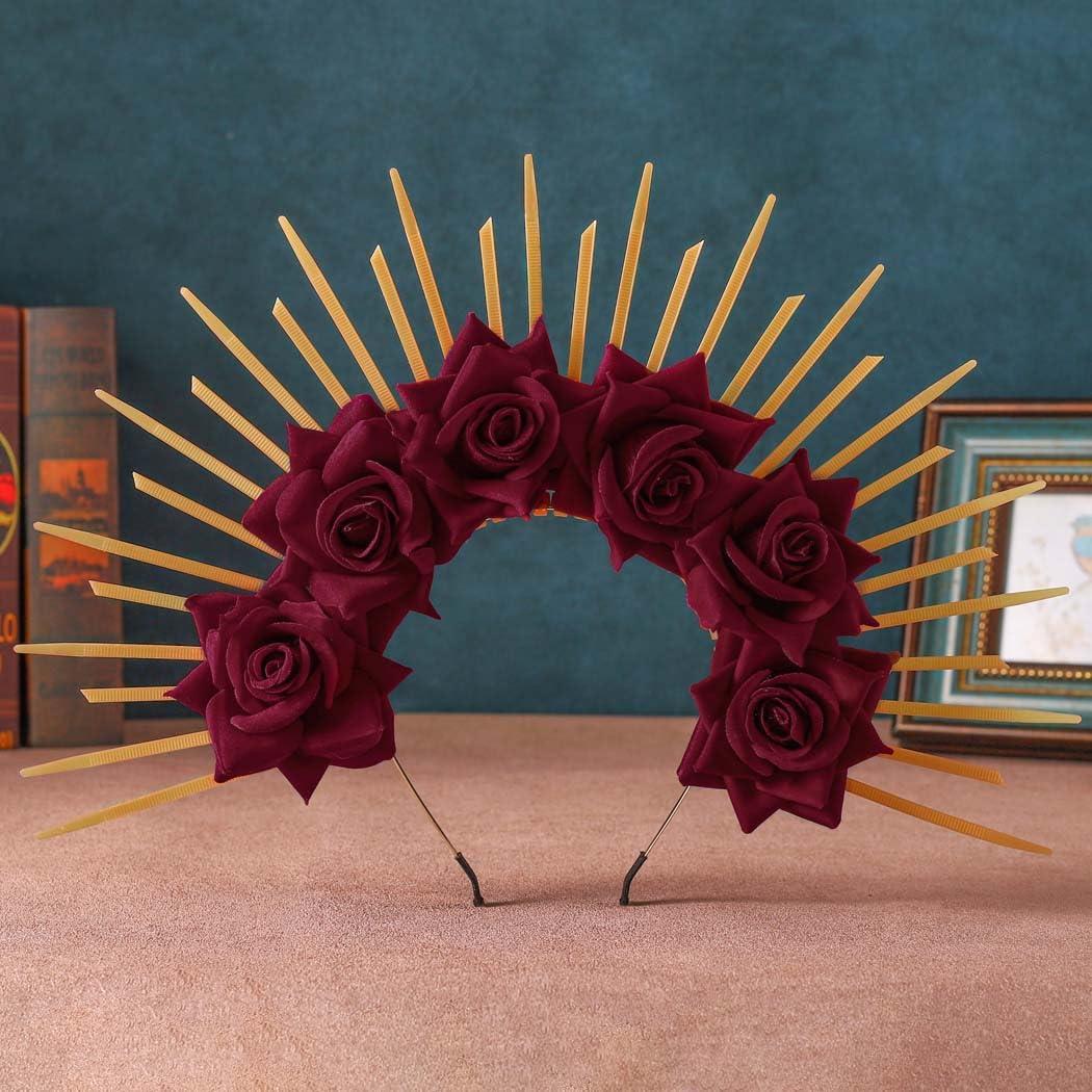 BARTOSI BARTOSI Halo Crown Mexican Flower Headband Spiked Crown Goddess Headpiece Mary Halo Crown Halloween Party Cosplay Costume Headwear for Women
