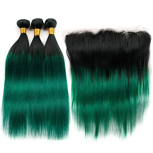 Tony beauty hair Tony Beauty Hair Dark Green Ombre Straight Hair Weave Bundles with Frontal Dark Roots #1B/Green Ombre Brazilian Human Hair 3 Bundles with 13x4 Lace Frontal Closure 4Pcs Lot (16 18 20+16)