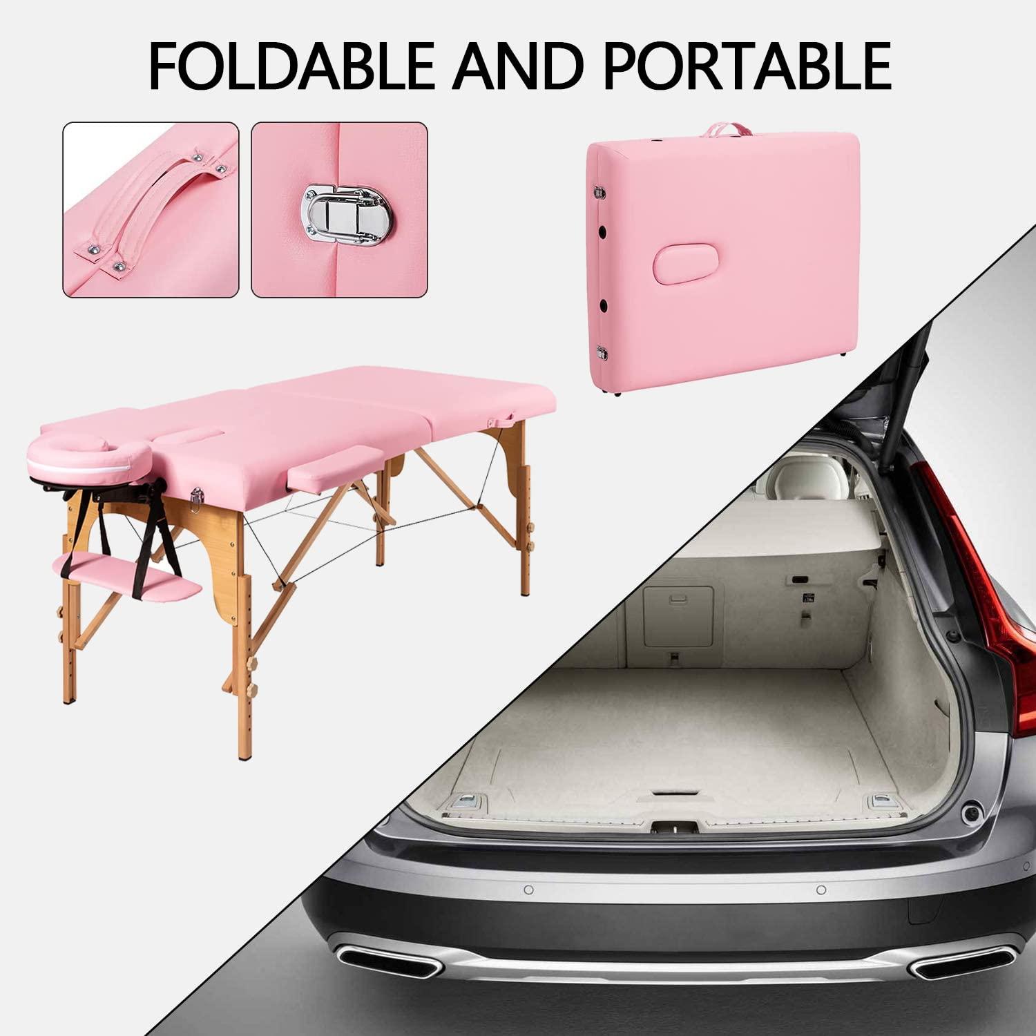 NinthAvenue Basics NinthAvenue Basics Portable Massage Table, Massage Spa Bed, Massage Therapy Table with Beech Stands, 84 inch Adjustable 2 Fold Salon Bed with PVC Leather, Face Cradle Bed, Pink (2-Fold)