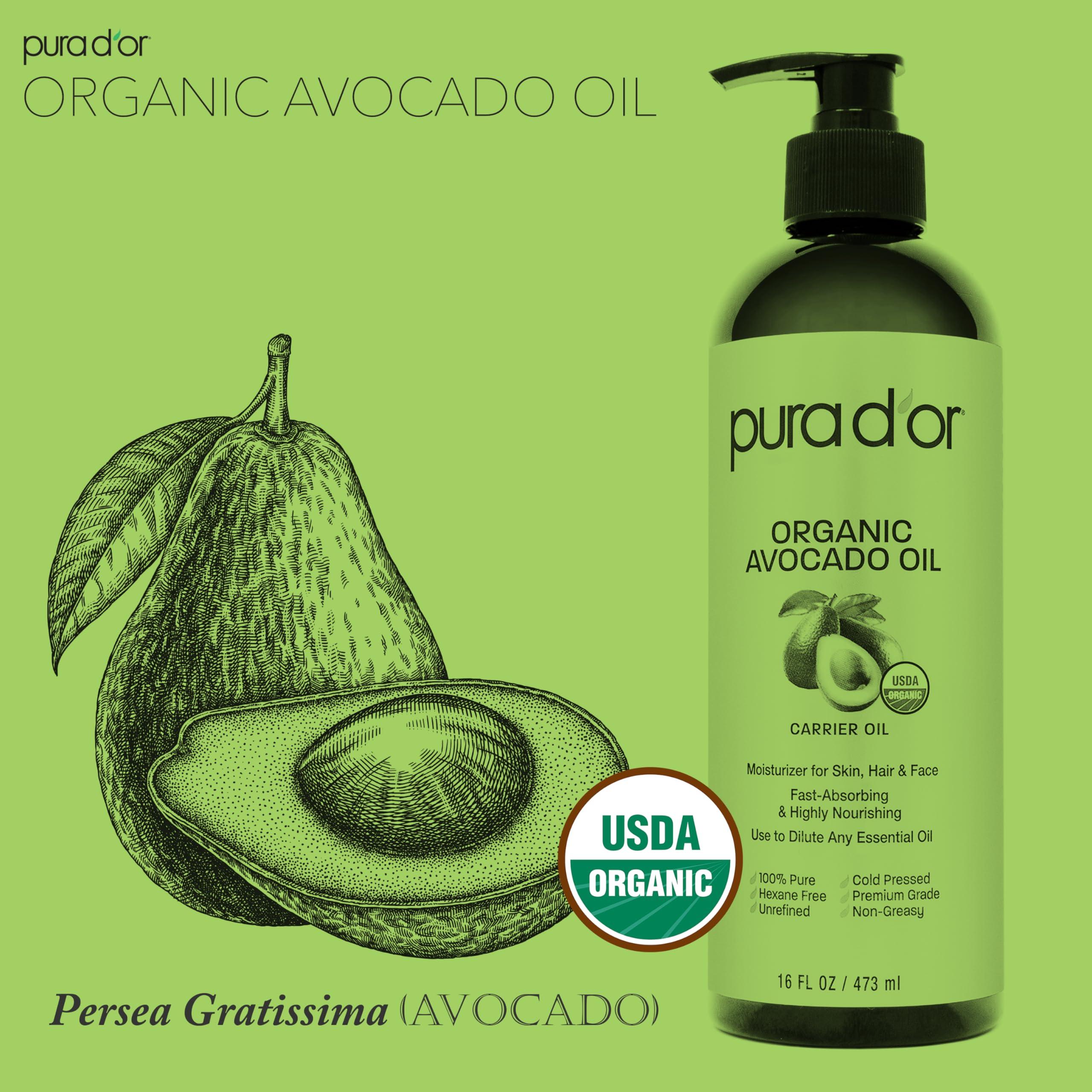 PURA D\'OR PURA D\'OR 16 Oz ORGANIC Avocado Oil - 100% Pure & Natural USDA Certified Cold Pressed Carrier Oil For DIY Beauty, Non-Greasy, Unscented, Hexane Free Liquid Moisturizer - Face Skin & Hair - Men & Women