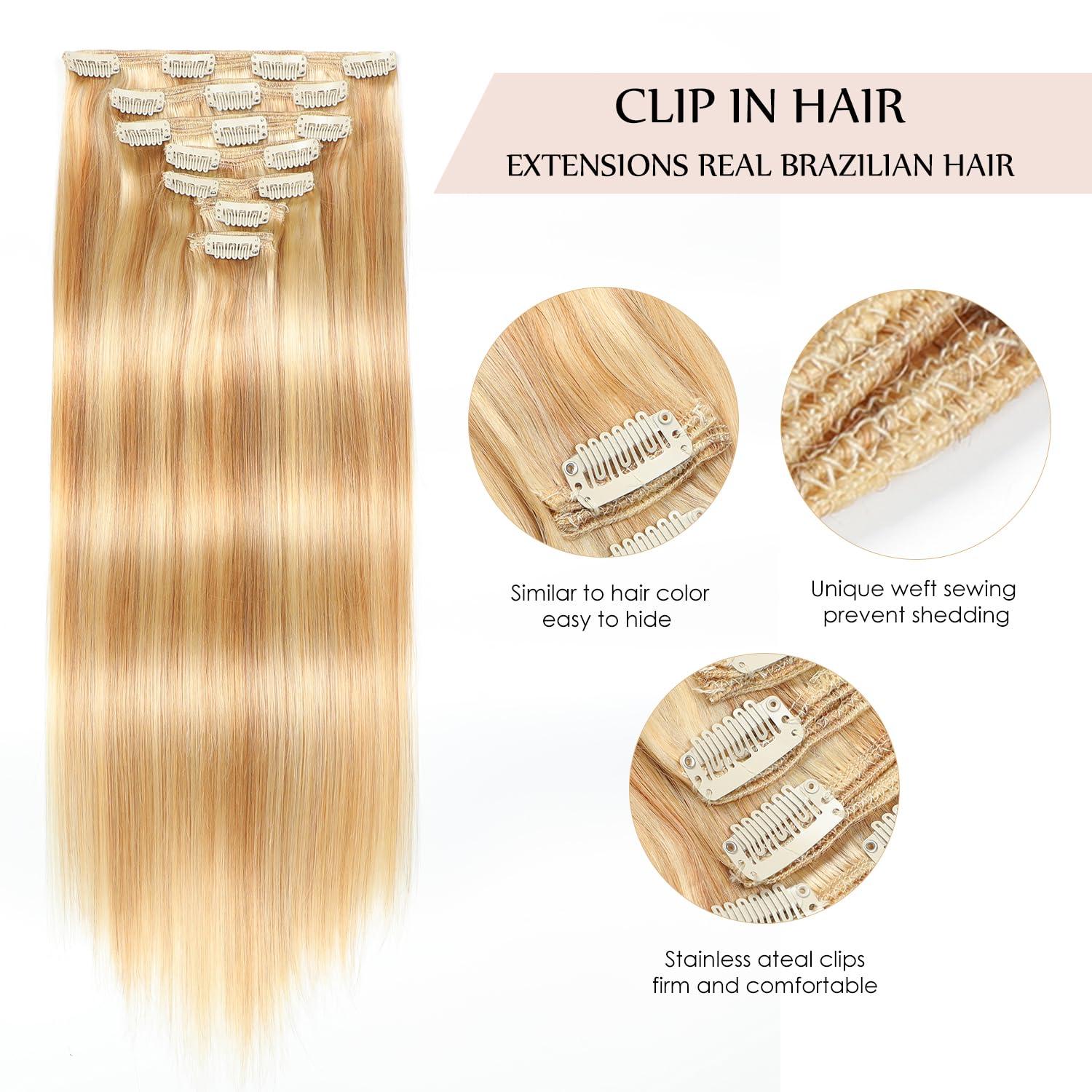 Sisily Sisily Clip in Hair Extensions Real Human Hair, 140g 7pcs Human Hair Clip in Hair Extensions Blonde, Hair Extensions Real Human Hair Clip ins 16 Inch Straight Double Weft