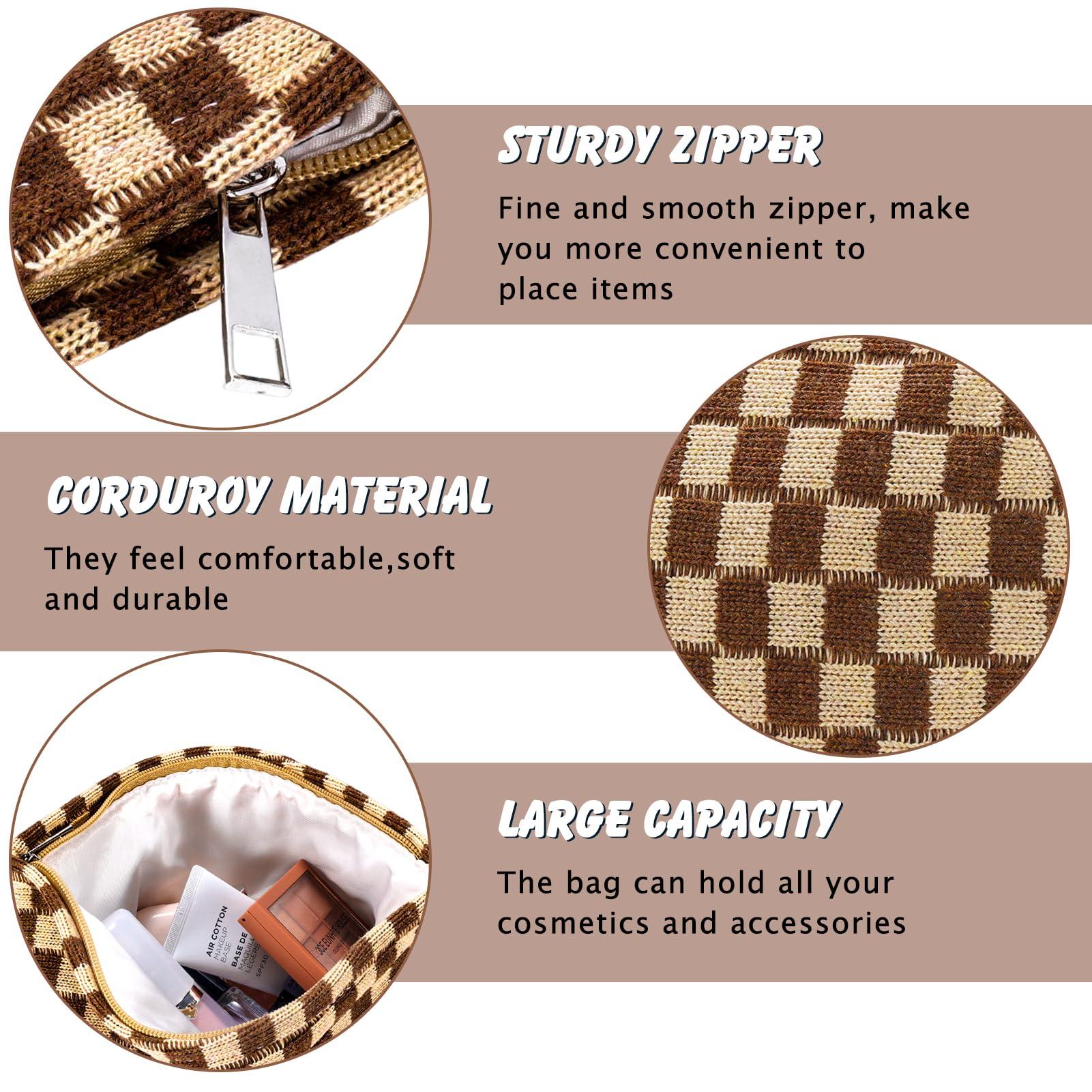 ZLFSRQ Checkered Makeup Bag for Women Large Brown Travel Cosmetic Bag Makeup Pouch for Purse Zipper Toiletry Organizer Kwaii Washable Cute Y2K Aesthetic Trendy Adults Makeup Brushes Storage Bag