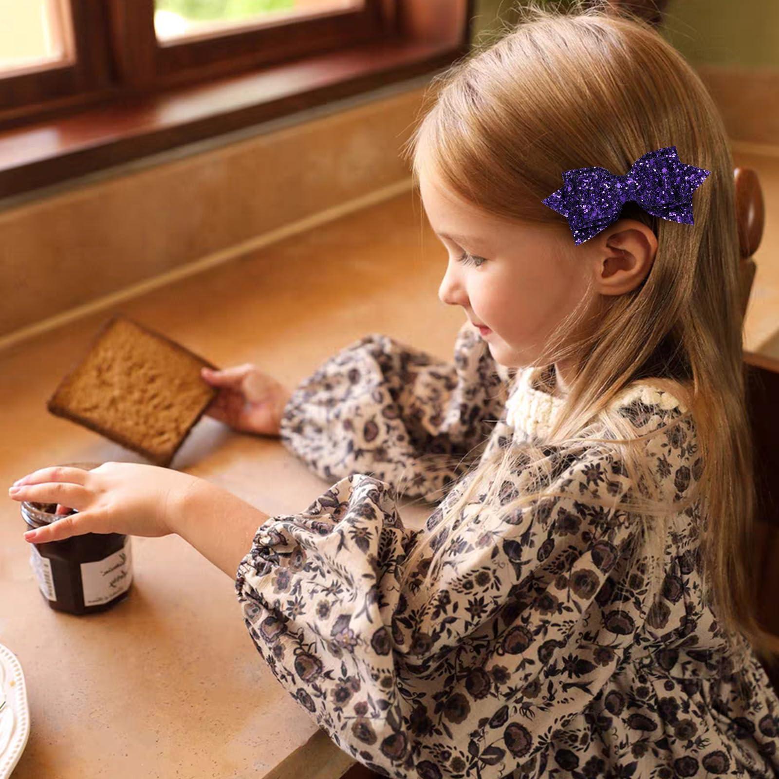 Miroksh 4\" Glitter Purple Hair Bow Clips Sparkling Sequin Alligator Barrettes Pins for Teens Toddler Cheerleader Girls Kids Halloween Costume Decor Accessory Back School Mardi Gras Gift