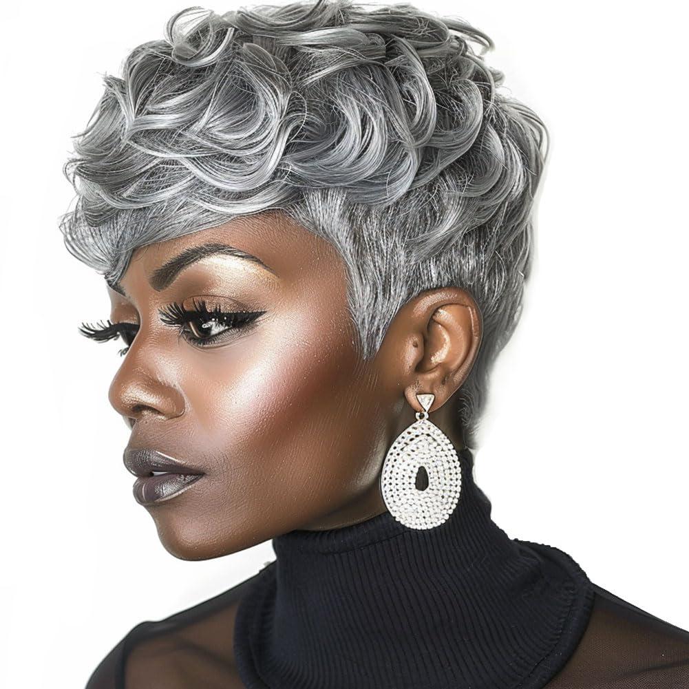 MOONSHOW MOONSHOW Grey Pixie Cut Wig Short Grey Wigs for Black Women Pixie Cut Wig Short Pixie Gray Wigs for Blcak Women Synthetic Pixie Wig Natural Wavy Short Curly Gray Pixie Cut Wigs for Old Women(Grey)