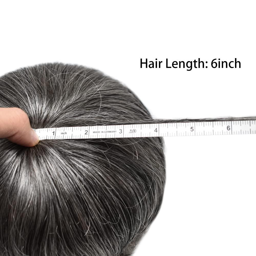 Hair Wonders Toupee For Men Real Human Hair Mens Toupee Hair Replacement System Swiss Lace Hair Piece For Men Hair System6x9\"-100% light to medium density#1B60 1B# OFF BLACK+60% GREY