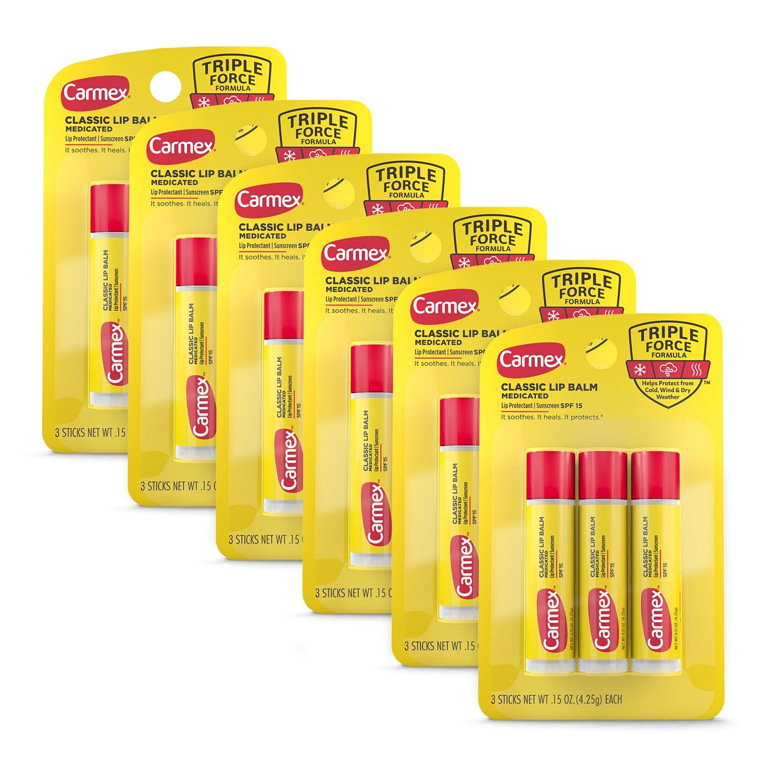 Carmex Carmex Classic Medicated Lip Balm Sticks, Lip Moisturizer for Chapped Lips, 18 Count (6 Packs of 3)