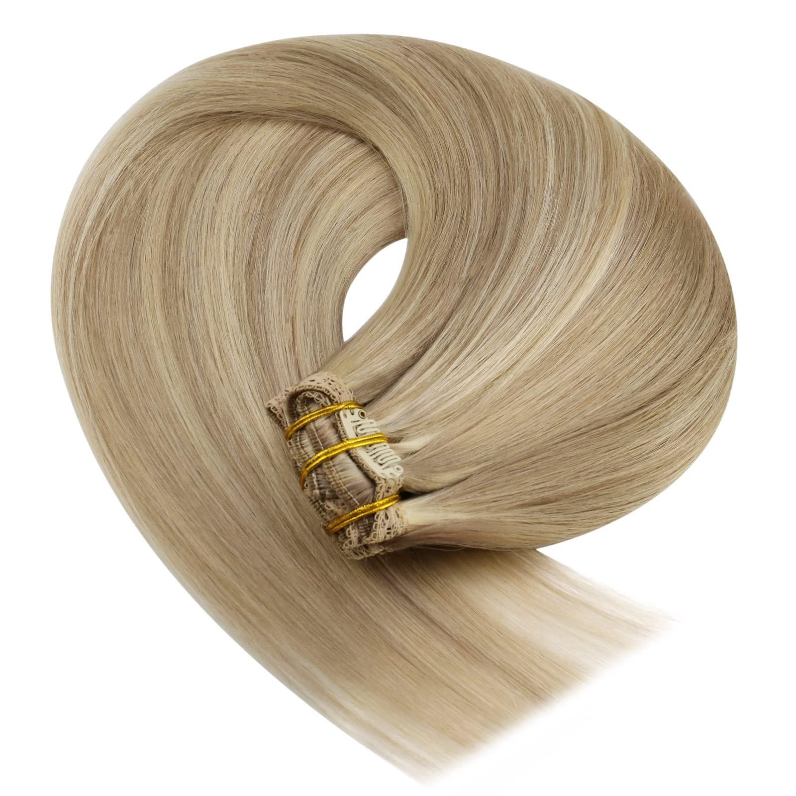 YoungSee YoungSee Clip in Hair Extensions Real Human Hair Highlight Clip on Hair Extensions Light Blonde Highlighted Golden Blonde Real Hair Clip in Extensions Convenient for Women 22Inch 120G 7Pcs