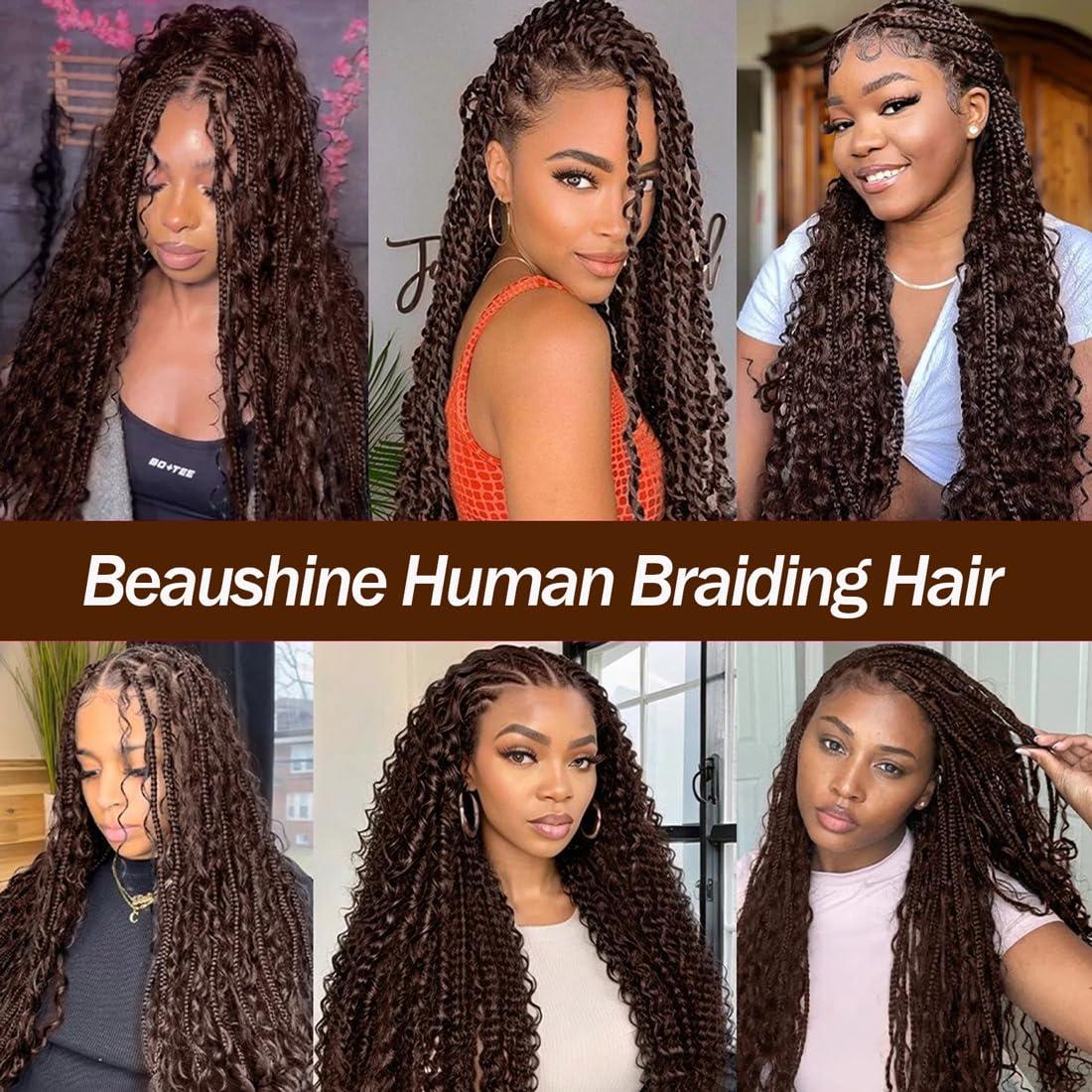 Beaushine Beaushine Human Braiding Hair for Boho Braids, Color 4 Deep Wave Bulk Human Hair for Braiding,22 inch,100g, 12A Grade Chocolate Brown Deep Curly Boho Braids Human Hair