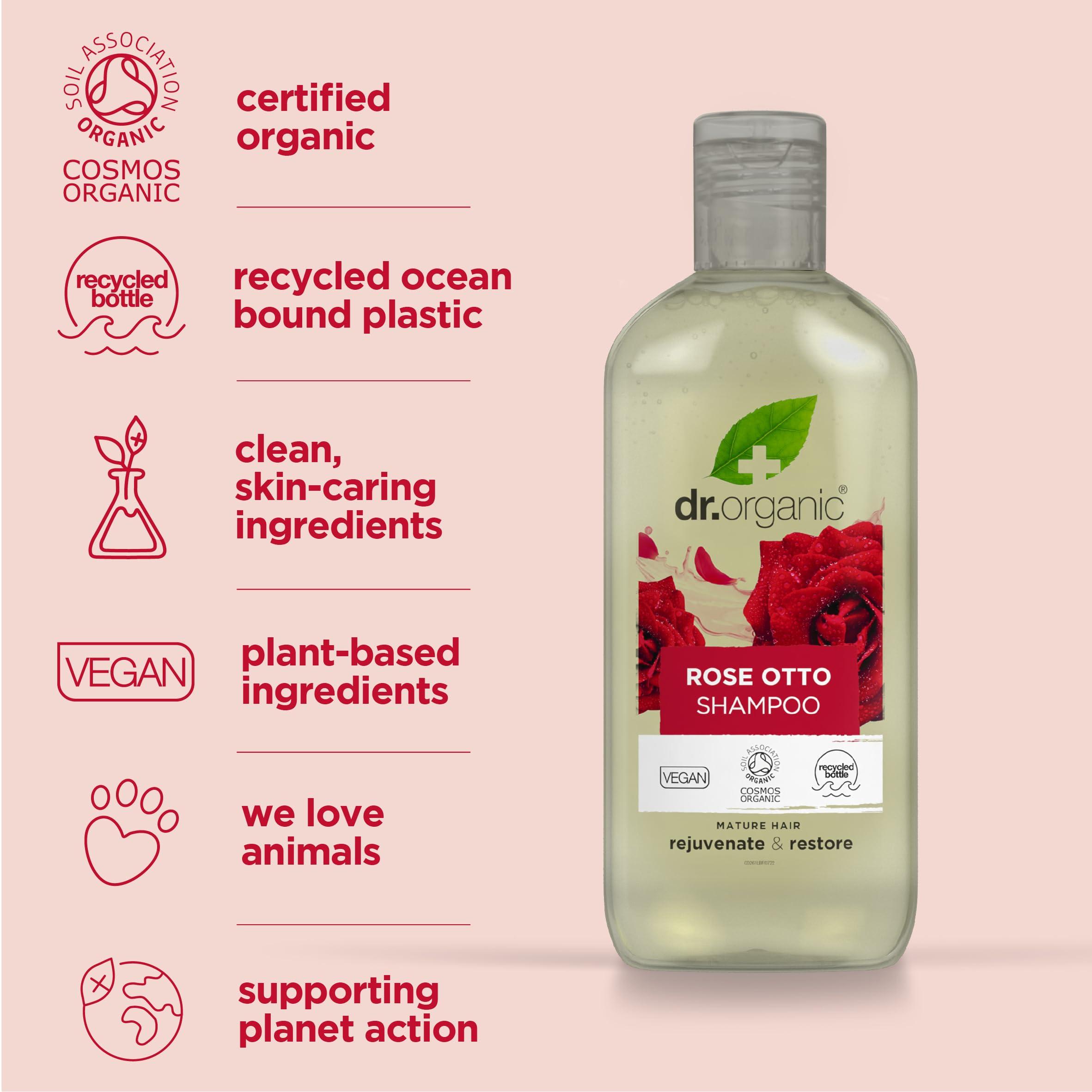 dr.organic Dr. Organic Rose Otto Shampoo, Restoring, Mens, Womens, Natural, Vegan, Cruelty-Free, Paraben & SLS-Free, Recyclable & Recycled Ocean Bound Plastic, Certified Organic, 265ml, Packaging may vary