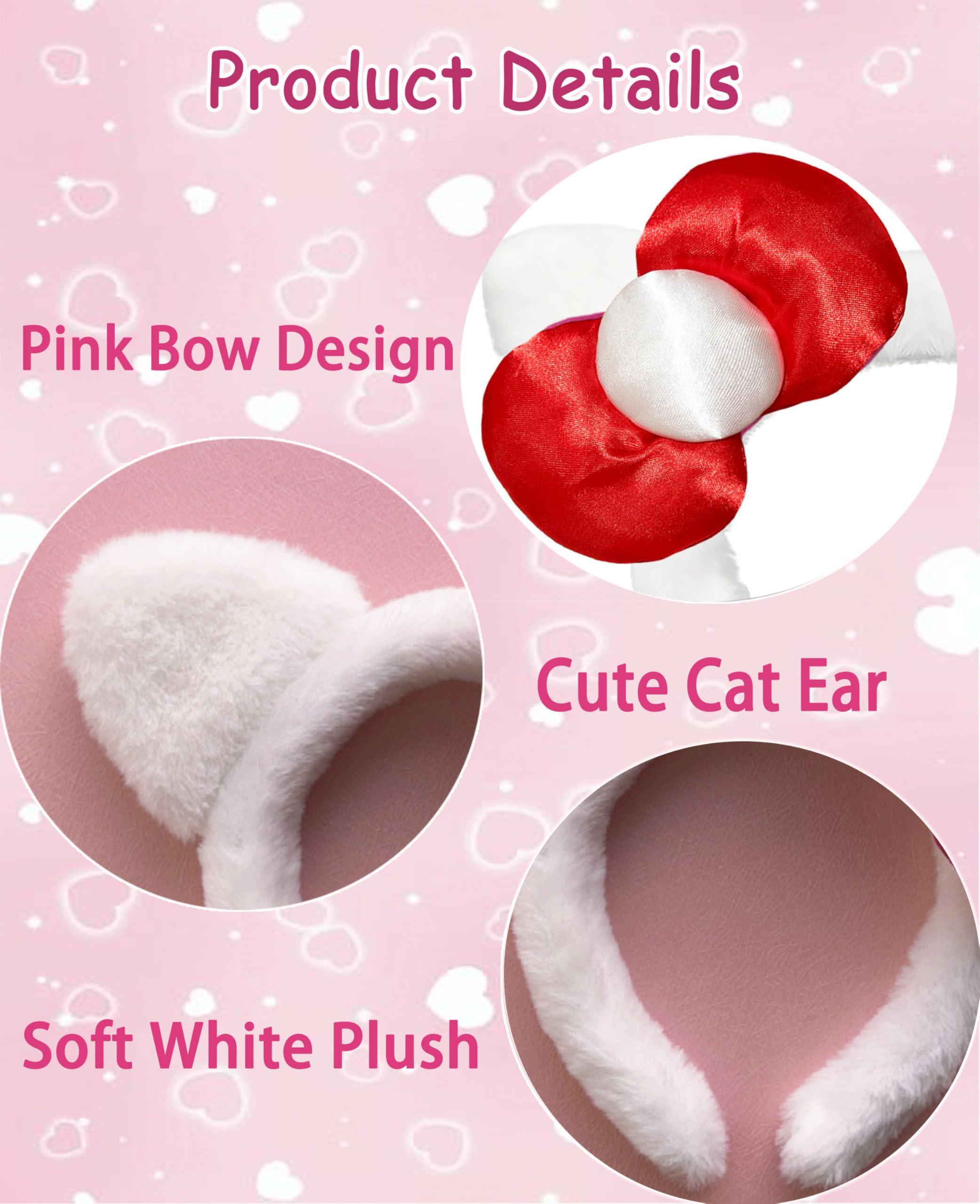 MKPEMEBR MKPEMEBR Kitty Headband with Pink Bow Cute White Cat Ears Hairband Chirtmas Presents for Grils Women