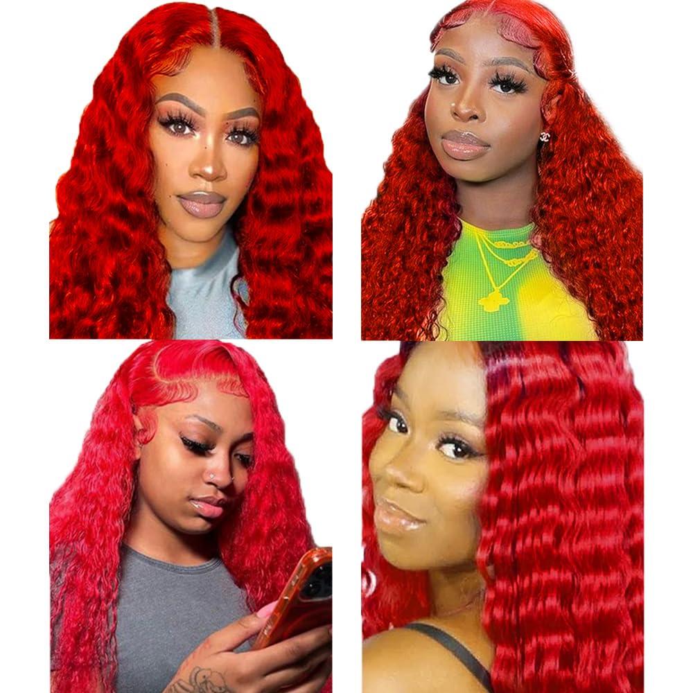 ZevPiul Bright Red Human Hair Bundles Red Deep Wave Bundles 12 14 16 Inch Fire Red Bundles Human Hair 8A Unprocessed Brazilian Virgin Burgundy Deep Wave Bundles Human Hair Extensions