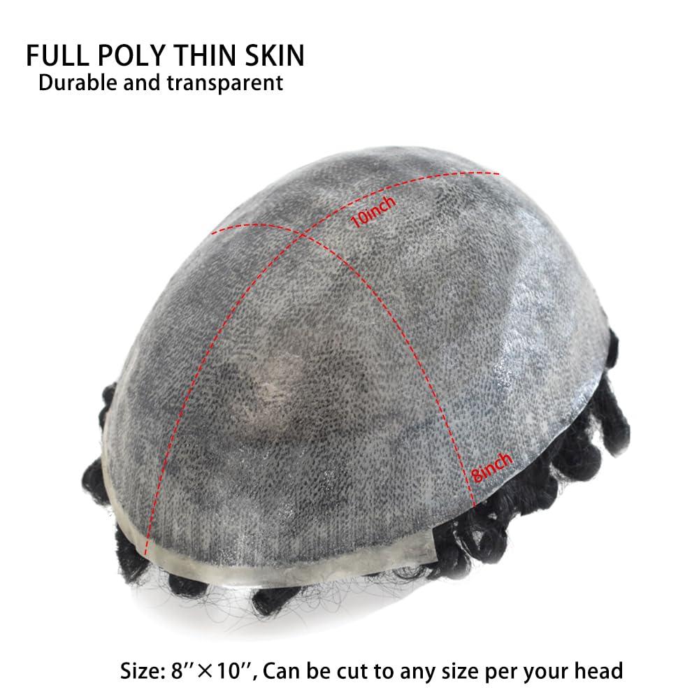 RESHE Afro Weave Hair Units For American African Black Men Brazilian Human Hair Afro Toupee for Black Men Full Poly Skin Afro Toupee Curly Hair Pieces For Black Men 8\'\'X10\'\' 25MM Afro Wave #1 Jet Black