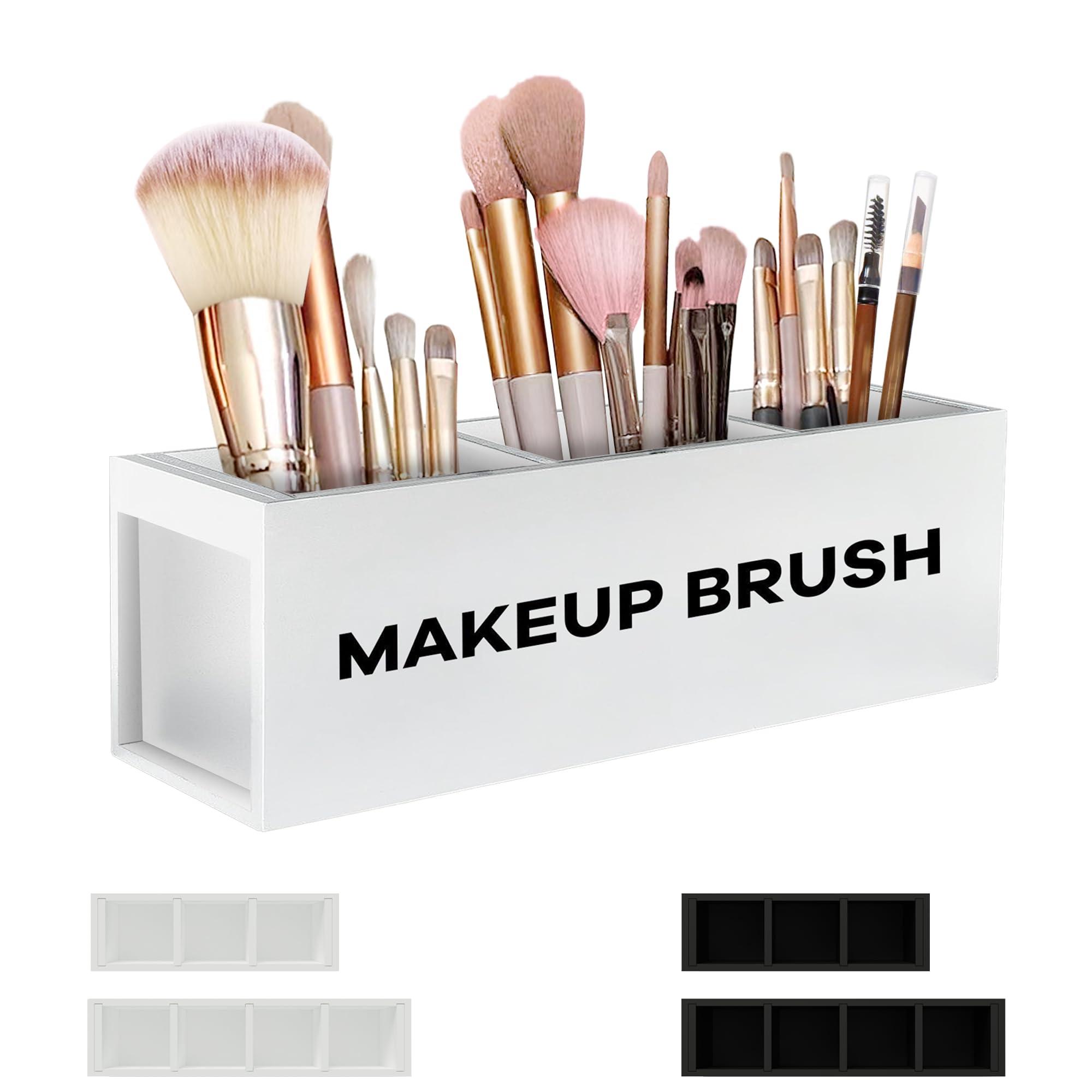 Suli Suli Large Makeup Brush Holder Organizer, Wooden Cosmetic Brushes Storage with 3 Slots, Eyeliners Display Case for Vanity Desktop Bathroom Countertop -White