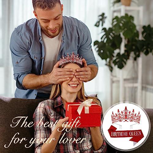TIHEBAX Tihebax Birthday Queen Sash & Rhinestone Tiara Red Sliver Crown Birthday Sash and Tiara for Women Girls Princess Tiara Crown Birthday Accessories Headband and Sash for Girls