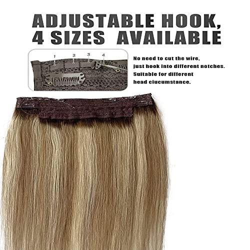 SUNFA Halos Hair Extensions, Fish Line Hair Extensions, Wire Extensions Human Hair,14Inch 70g Ombre Balayage Ash Brown to Dirty Blonde and and Platinum Blonde Highlights Straight Hairpiece Flip in Hair Extensions Clip in Extensions with Invisible Fish Line