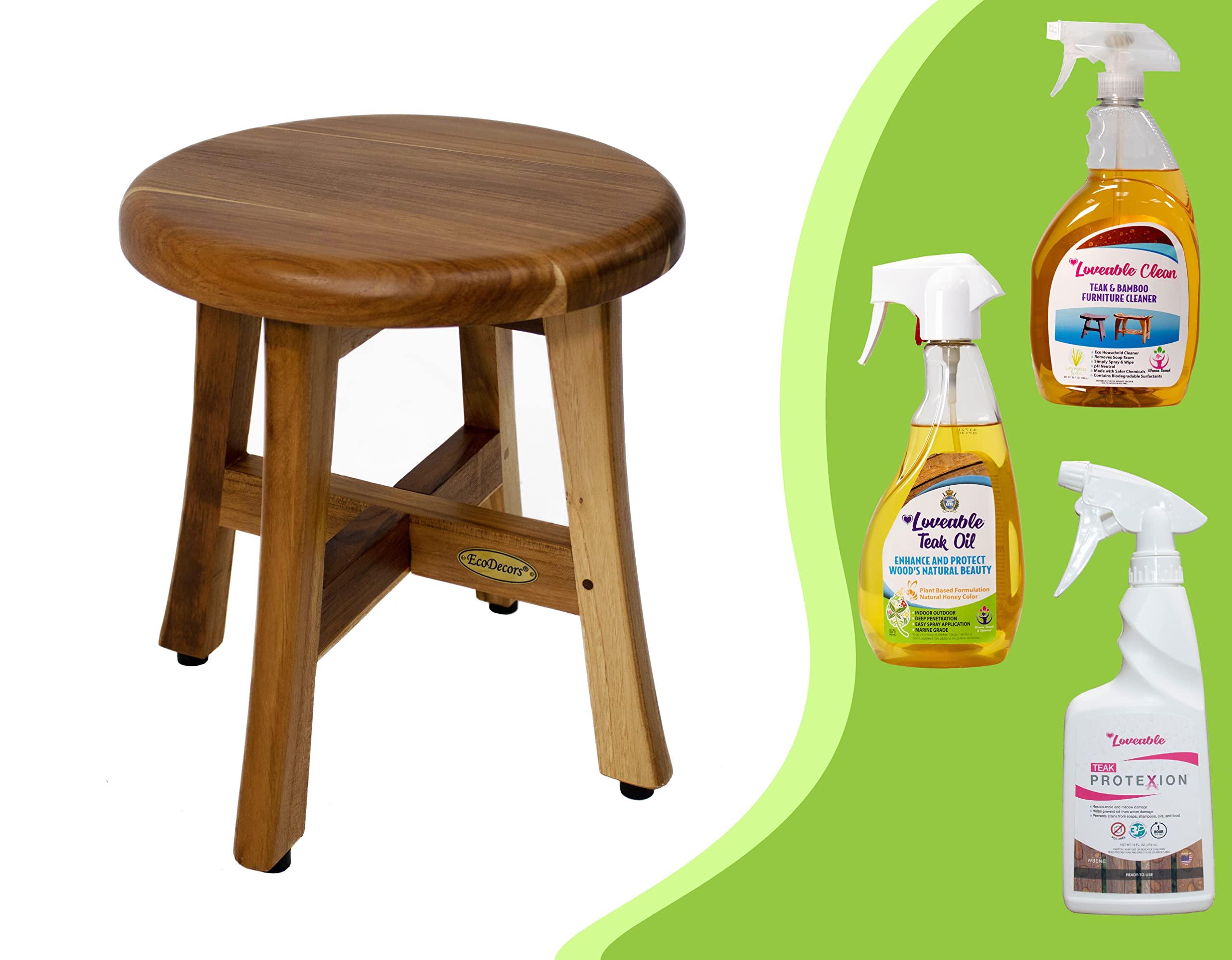 EcoDecors EcoDecors Shoji 12 Inch Round 13 inch T, Waterproof Teak Wood Shower Bench Stool For Inside Shower, Loveable 24oz Teak Oil, Teak Cleaner Protective Teak Wood Restorer 32oz and Loveable Protection 16oz