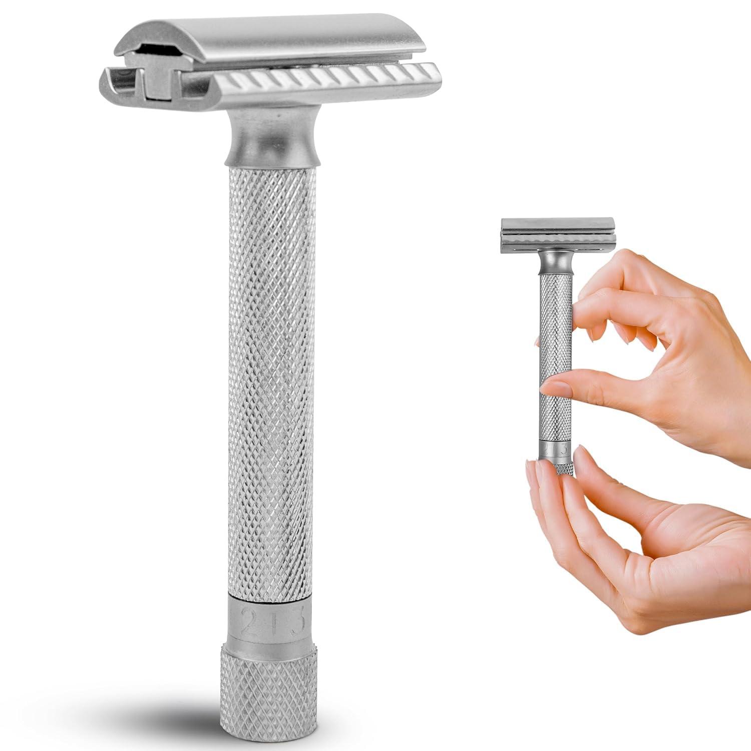 Parker Safety Razor The Parker Variant ADJUSTABLE Double Edge Safety Razor, Customize your Shave with a Turn of the Dial from Mild to Aggressive - 5 Blades Included (SATIN CHROME)