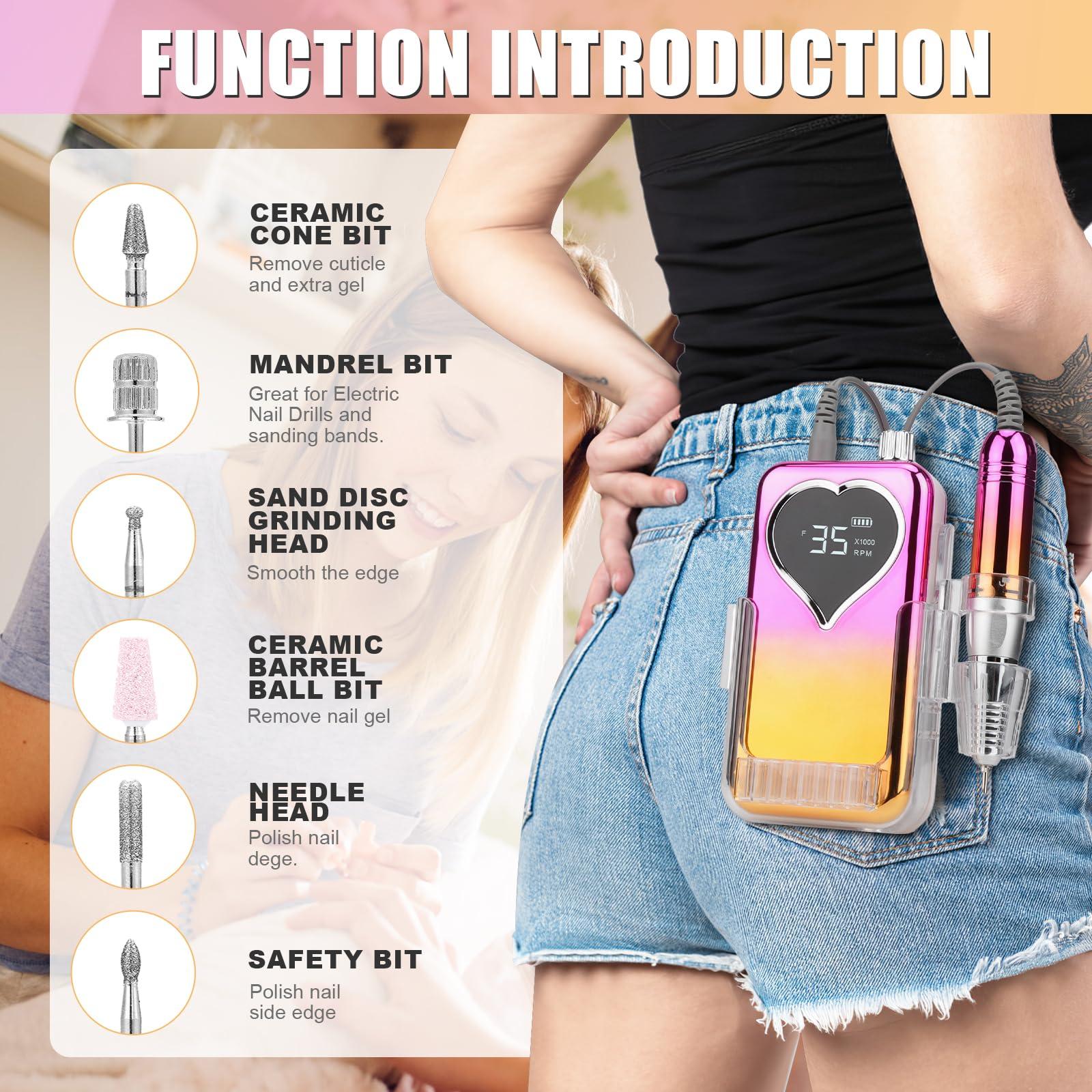 Pourcare Professional Electric Nail Drill Machine for Acrylic Nails, 35000 RPM Electric Nail File Tool Set, Portable E-File Rechargeable Manicure Pedicure Polish Kit for Home Salon Tech (Heart Sunset Gold)