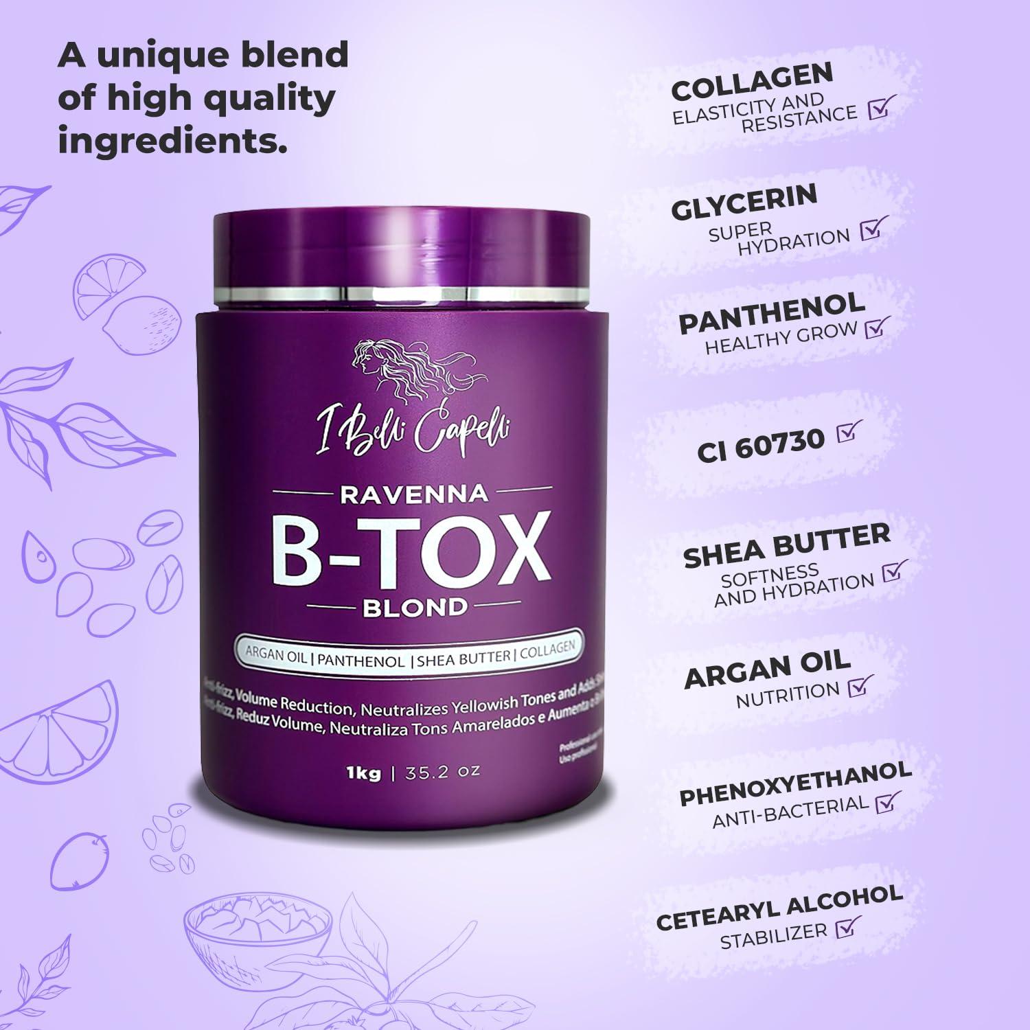 I Belli Capelli Ravenna B-tox Blond Kit - Hair Botox Treatment (1 Kg/35.2 Fl Oz) Formaldehyde-Free + Hair Mask for Damaged Hair (1,5 Kg/ 52.9 fl oz) - Straightening, Intense Shine & Moisture for Blondes