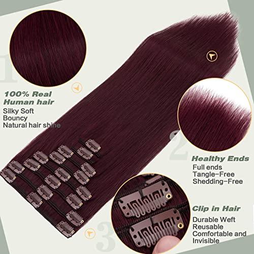 S-noilite S-noilite Clip in Hair Extensions Human Hair Clip in Human Hiar Short Wine Red Hair 8 Pieces 18 Clips 100% Real Human Hair Standard Weft Silky Full Head Straight 16"-90g Wine Red (#99J)