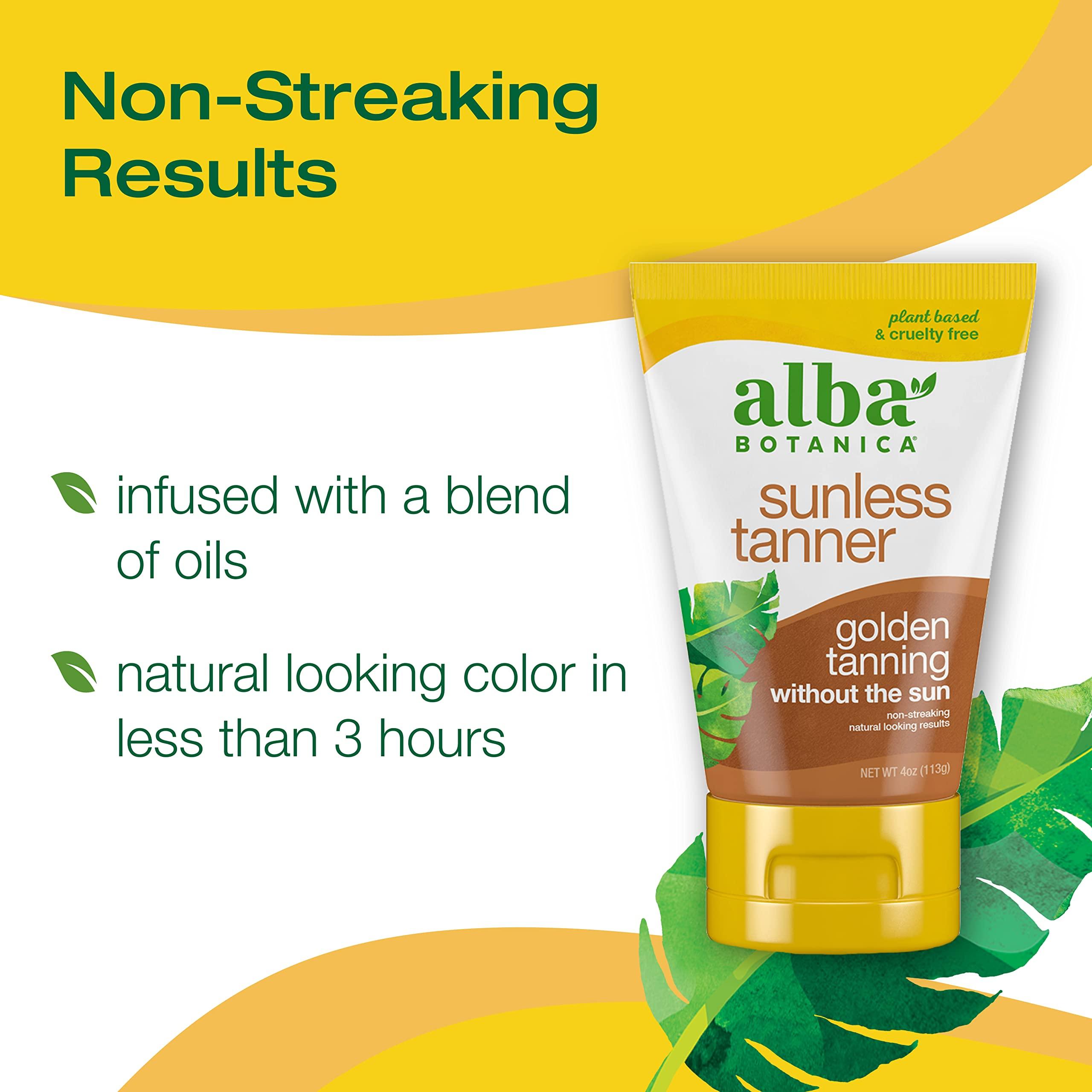 Alba Botanica Alba Botanica Sunless Tanner, Self-Tanning Lotion for Face and Body, Golden Tanning without the Sun, Non-Streaking and Natural Looking Self-Tanner, 4 oz. Tube (Pack of 2)