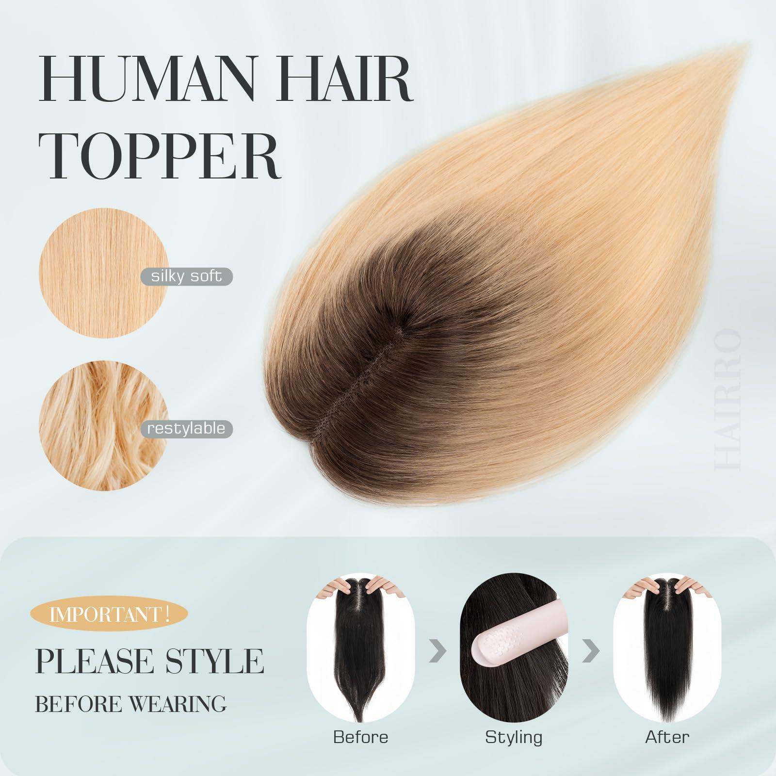 Hairro Hairro Hair Toppers For Women Real Human Hair Top Hair Pieces For Thinning Hair Short Topper Hairpiece Remy Toupee On Top 10 Inches 36g #JLT613 Medium Brown Ombre to Bleach Blonde