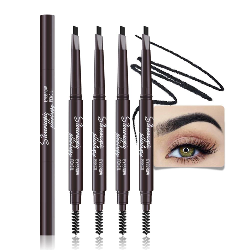 WanTuoluo 4 Pcs Ultimate Eyebrow Retractable Definer Pencils,Dual-Sided Natural Soft Textured Eyebrow Pencil, for Daily Look Eyebrow Makeup,Brow Brush,Fine Tip-Black