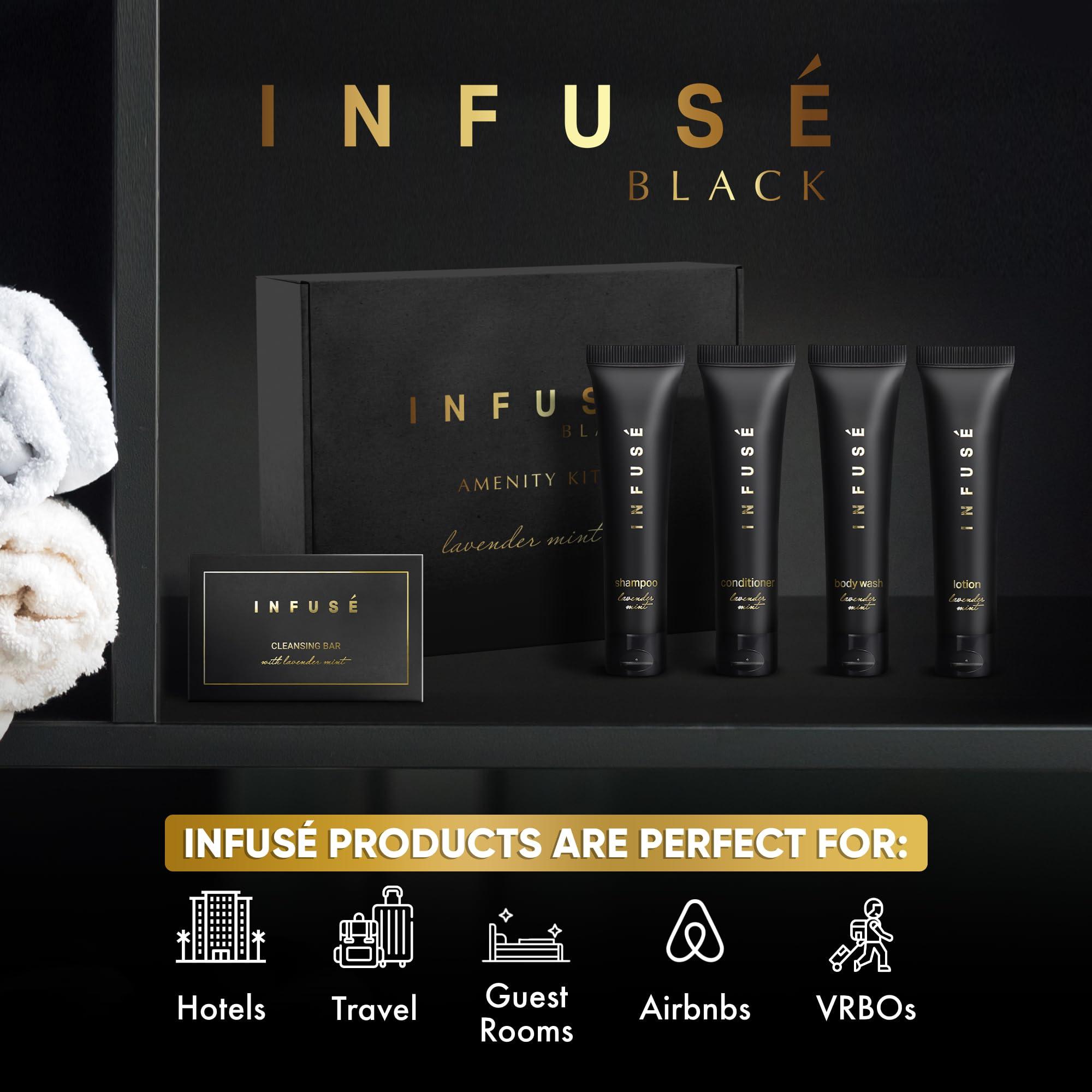 INFUS Infuse Black Amenity Kit | Boxed Hotel Toiletries | Bulk Set 1 oz Travel Size Shampoo, Conditioner, Lotion, Body Wash & Cleansing Bar for Guest Hospitality AirBnB/Vacation Rentals | 75 Pieces
