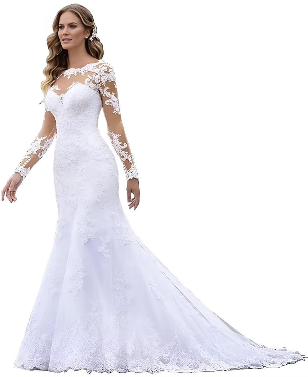 Chady Bridal Dresses for Bride 2021 Plus Size Mermaid Lace Long with Train V-Neck Wedding Gowns for Women White 22