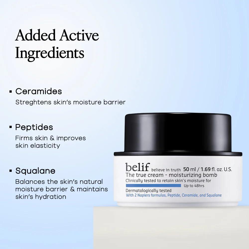 belif belif Moisturizing Bomb Daily Ceramide Moisturizer with Peptide & Squalane, 48hr Hydration & Anti-Aging Cream, Milky & Lightweight, Restores Skin Barrier, Korean Skincare, 1.68 fl oz (50ml)