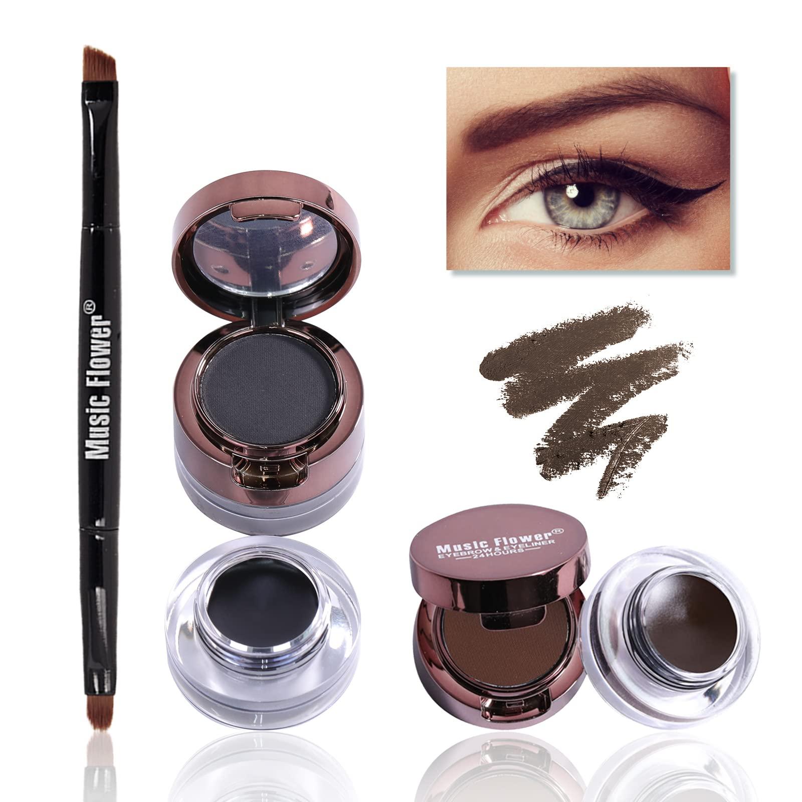 Music Flower Music Flower Gel Eyeliner Eyebrow Powder, Black and Brown Waterproof Smudgeproof Long Lasting Makeup Eyeliner Gel with Brush Mirror, 0.49 Ounce, Pack of 2