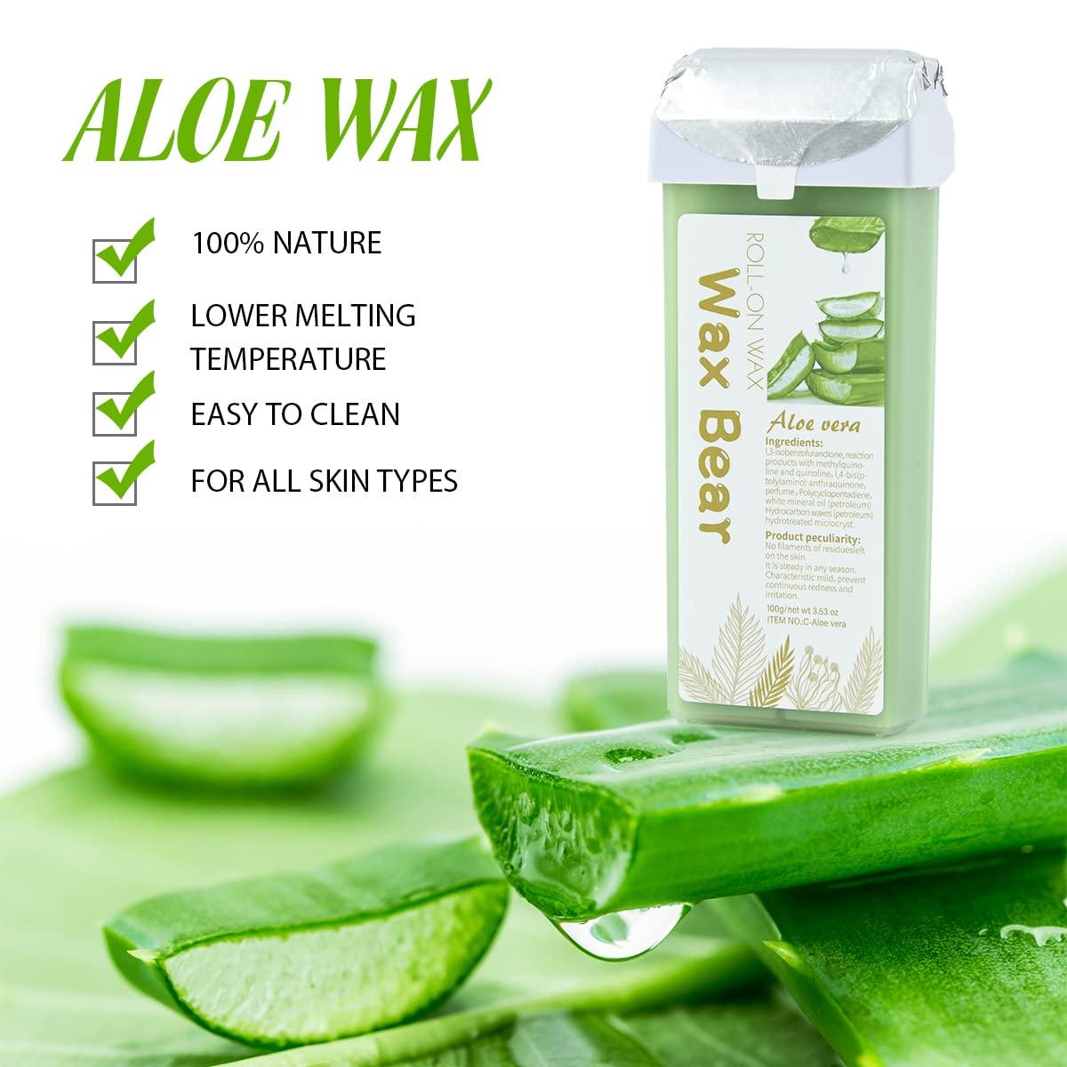 WAX BEAR Wax Bear Roll on Waxing Kit for Hair Removal - Aloe Wax Cartridge, 20 Wax Strips, 5 After-Wax Wipes, Wax Roller for Women and Men (Green)