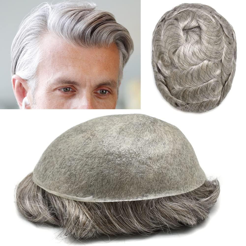 Hair Wonders Hair Wonders Toupee For Men V-loop Real Human Hair Piece For Men 0.06mm Ultra Thin Skin Toupee Grey Hair System For Men Hairpiece Mens Toupee 8x10 110% Density #580#5 Medium Light Brown+80% Grey